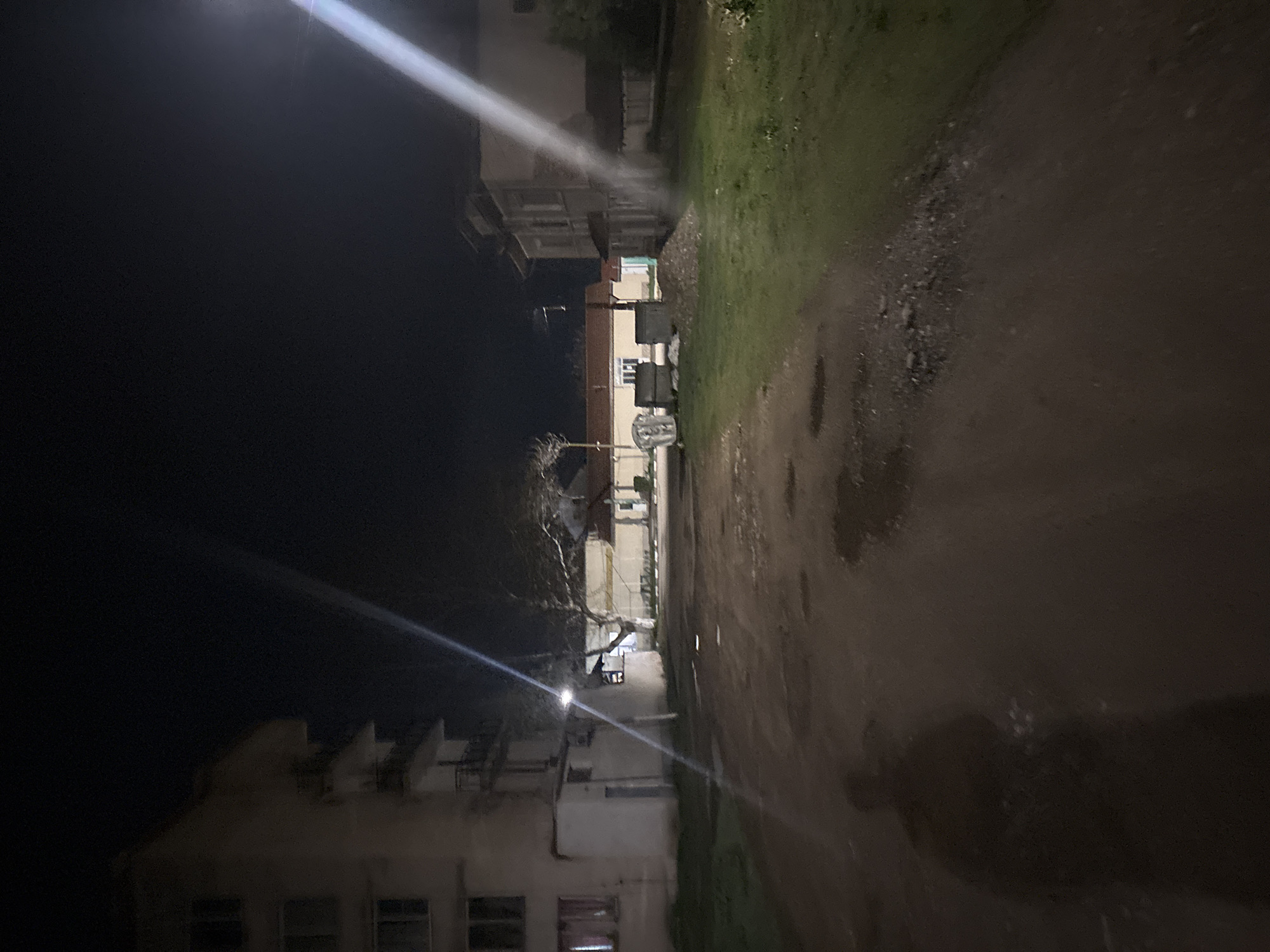 The image depicts a nighttime scene in Lehchevo, Bulgaria. A narrow alleyway is visible, flanked by buildings on both sides. The left side features a light-colored multi-story building with visible windows. A tree, appearing bare of leaves, is situated near this building. The right side of the alley is bordered by what appears to be a combination of vegetation and a wall. A bright light source shines down the alley, creating stark contrasts between light and shadow. The alleyway surface appears uneven and possibly wet, with visible patches of varying textures. The overall impression is one of a quiet, dimly lit urban space at night.