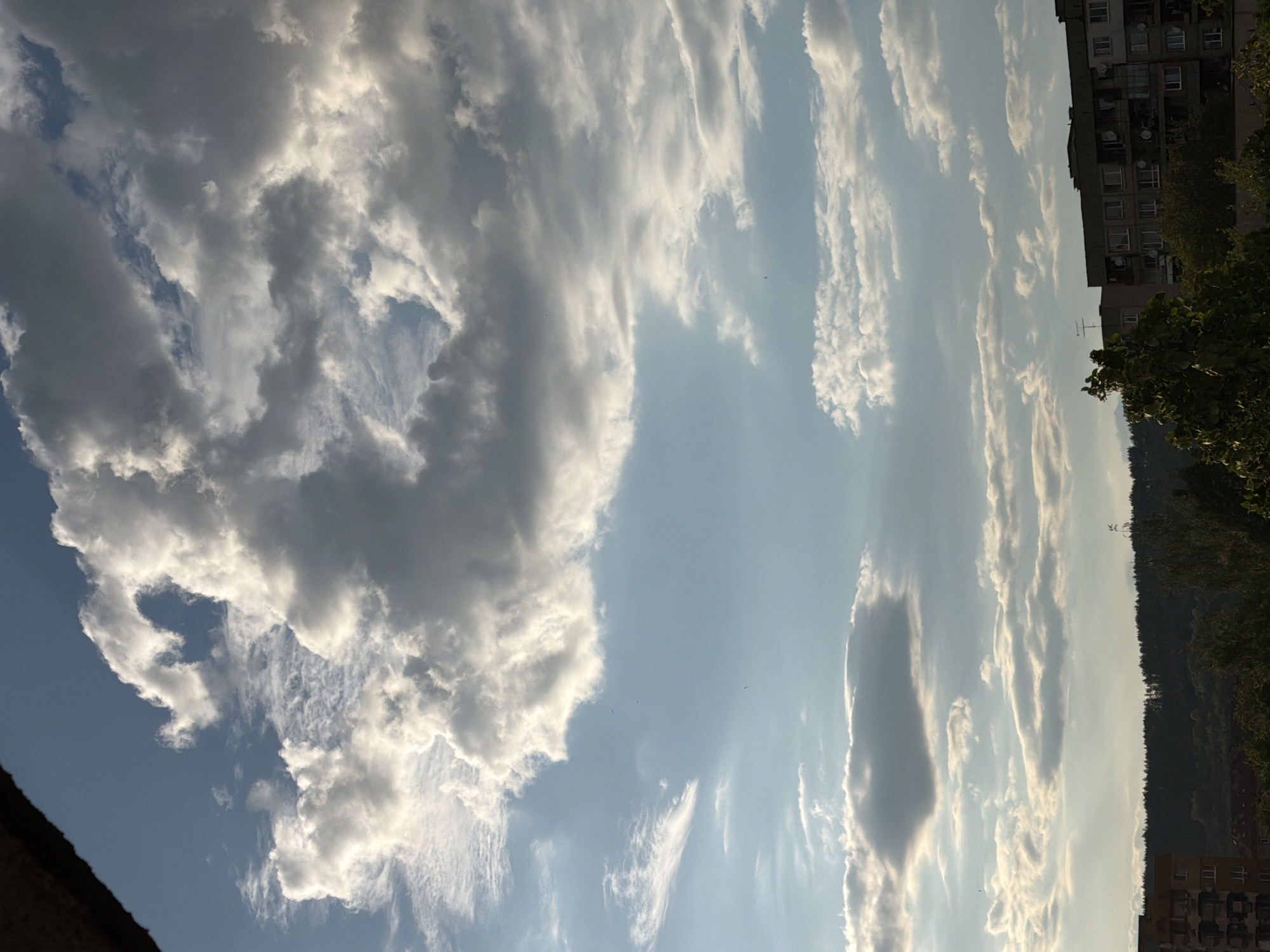 The image shows a sky filled with various types of clouds, ranging from large, puffy cumulonimbus formations to wispy cirrus streaks. The sky is predominantly blue, with the clouds reflecting sunlight. On the right side of the image, there is a glimpse of a building and some trees, suggesting an urban or suburban environment. A dark diagonal line in the lower-left corner could be a rooftop or another building.