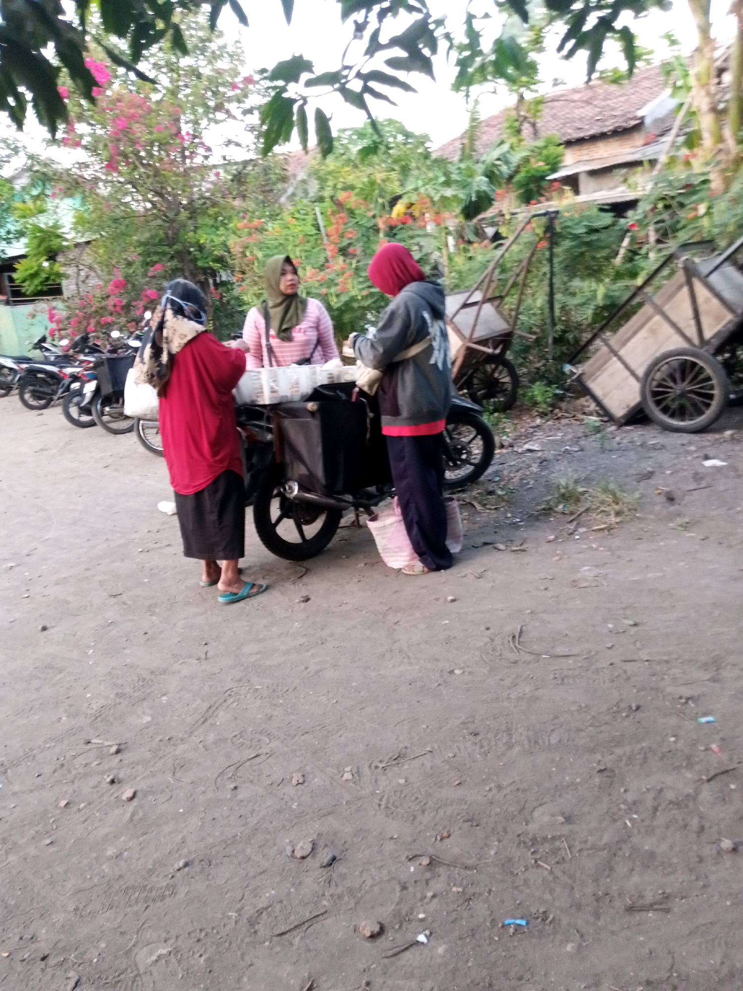 In an outdoor scene in the city of Unknown, Unknown, three individuals are gathered around a motorcycle with a sidecar. Two individuals are wearing hijabs. One person, in a red top and black skirt, stands with their back to the camera, facing the other two. Another person, in a pink and white striped top, is speaking with the third individual, who is wearing a grey hoodie with a red trim and a dark blue or black scarf. The motorcycle has a black sidecar loaded with several rectangular packages wrapped in white plastic. In the background, several other motorcycles are parked. Further in the distance, a tiled roof house with wooden beams is visible, surrounded by trees and vegetation, some of which are flowering with pink and red blossoms. Two wooden carts with large wheels are also present in the background. The ground is covered in dirt and debris.
