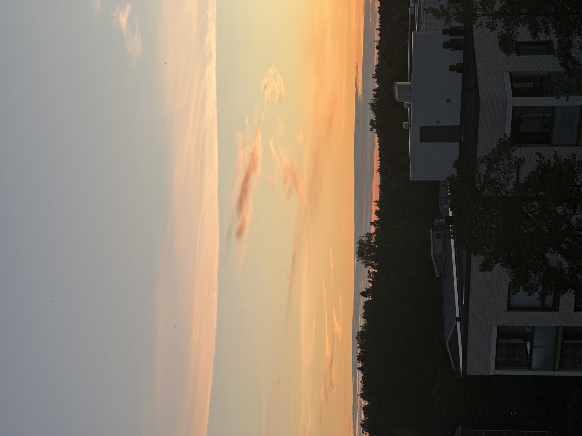 This image depicts a scene of a twilight sky over a building complex. The sky transitions from a soft, pale blue to warm hues of orange and pink, suggesting sunset or sunrise. Wispy clouds are scattered across the sky, tinged with the colors of the setting or rising sun.
In the foreground, on the right side of the image, are buildings that appear to be residential or office spaces. They have a modern architectural style with multiple floors, visible windows, and balconies. Some of the buildings are partially obscured by dark trees, adding depth to the scene. The overall lighting suggests a low light condition, typical of dusk or dawn, with some windows in the buildings illuminated, indicating occupancy.
The image is captured in portrait orientation. The combination of the colorful sky and the dark silhouettes of the buildings and trees creates a serene and somewhat tranquil atmosphere. There are no discernible people in the image. The weather appears calm, with no signs of rain or strong winds. The scene is likely set in a developed area, possibly a suburban or urban environment, given the presence of the buildings and the manicured appearance of the trees. No visible text is present in the image.