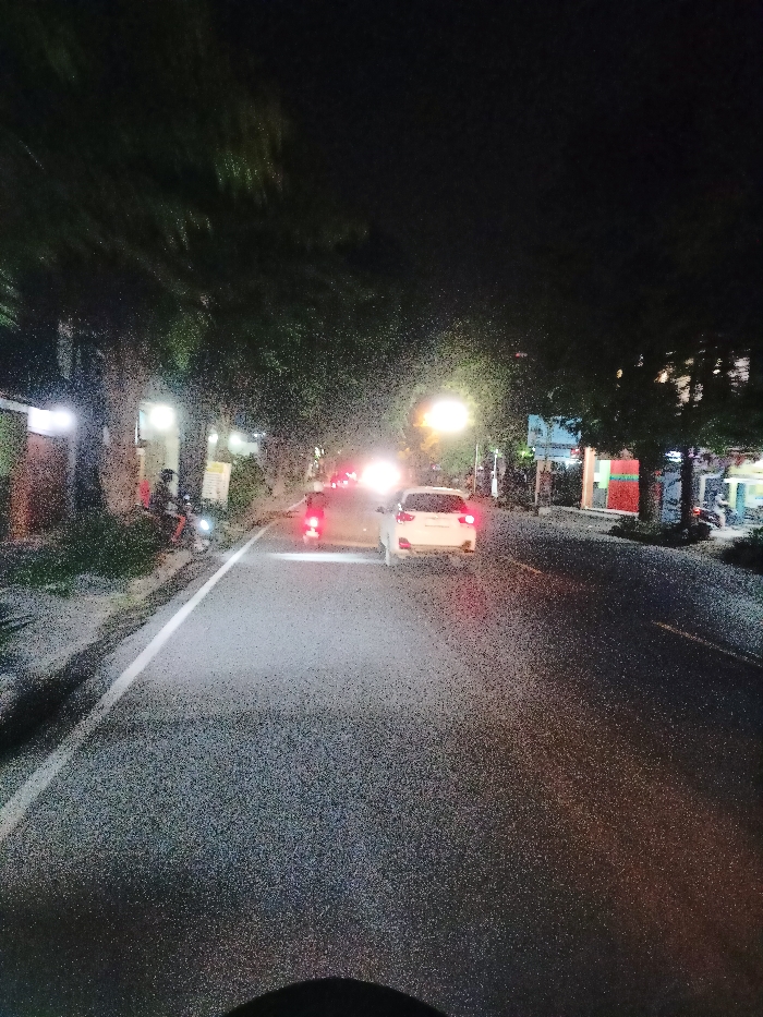 The image captures a night-time street scene, likely from the perspective of a vehicle, as a dark rounded shape at the bottom suggests a dashboard or handlebar. The asphalt road, marked by a white line on the left, stretches into the distance, illuminated primarily by artificial light sources.
In the mid-ground, a white car is prominent, its red taillights glowing brightly. Immediately behind it, another vehicle, likely a motorcycle or scooter, also displays illuminated red taillights. Further ahead, multiple indistinct vehicle lights suggest ongoing traffic. On the left side of the road, near the curb, a person is visible seated on a parked scooter or motorcycle. Buildings with illuminated windows or shopfronts line both sides of the street, creating patches of light against the dark. Trees with dense foliage frame the road, their forms shadowy against the night sky, with some leaves catching ambient light. A bright streetlight is visible on the right side of the road.
A notable characteristic of the image is a widespread speckled or grainy effect, uniformly distributed across the entire frame. This could be due to digital noise from low-light photography, or possibly water droplets on the camera lens or a windscreen, suggesting rain or mist. Despite the speckling, the scene depicts a typical moderately busy street environment at night. Text is visible on a white sign near the parked scooter on the left, but it is unreadable due to blur and distance. The overall setting points to an urban or town area at night, consistent with the provided context of Mojosari, Indonesia.
