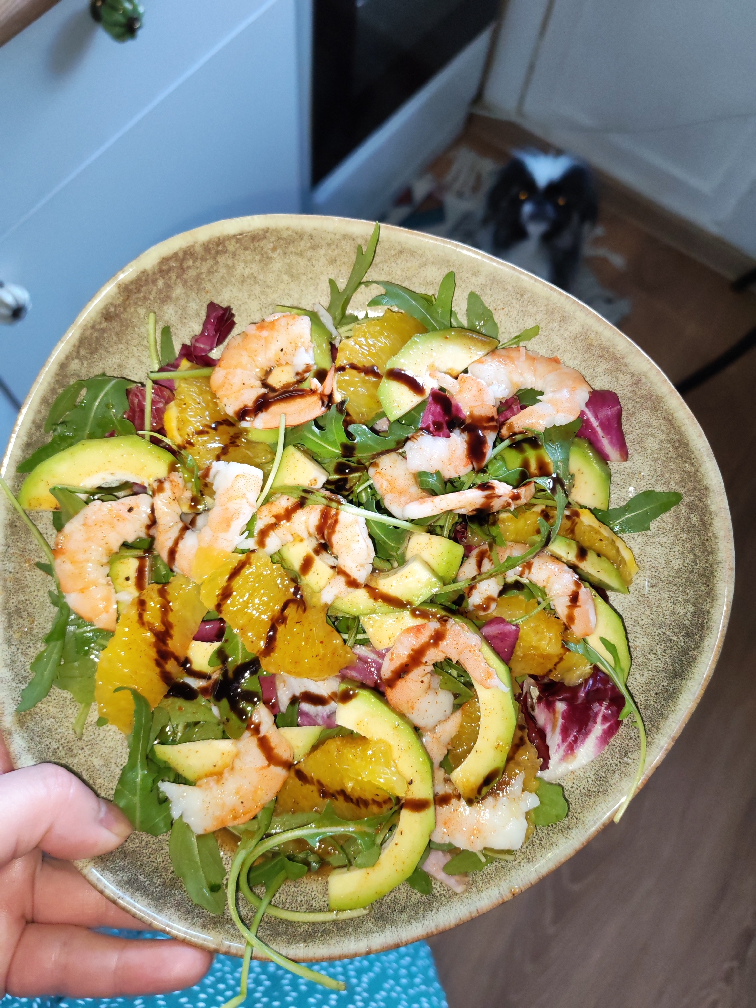 An indoor, overhead shot captures a vibrant salad held in a person's hand, positioned centrally in the frame. The main subject is a round, earthy-toned bowl filled with a fresh mix of ingredients. Prominent components include numerous cooked shrimp, distinct slices of green avocado, bright orange segments, and a base of mixed leafy greens, appearing to be arugula and some reddish-purple lettuce like radicchio. A dark, glossy dressing, likely balsamic glaze, is artfully drizzled over the entire salad.
In the blurred background, a small dog with black and white fur is partially visible, appearing to intently observe the food, with its eyes shining. The background also reveals hints of an interior space, including light-colored walls and what seems to be wooden flooring. To the upper left, a light blue or grey cabinet with a decorative green knob is seen. Part of a patterned blue and white fabric is visible underneath the hand holding the bowl in the lower left corner.
The image depicts a prepared meal, possibly at home in Izhevsk, Russia, ready for consumption. The salad appears fresh and appealing, suggesting a healthy and well-presented dish. The dog's presence adds a touch of domestic life and curiosity to the scene. No text is visible in the image.