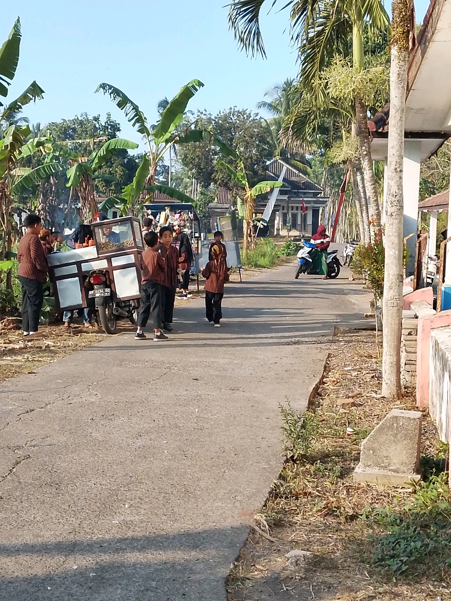 The image depicts a street scene in Karangsari, Indonesia, likely during daylight hours. In the foreground, a paved road is visible, with a dry, grassy area bordering it on the right. A concrete block is situated on the grassy verge. Several banana trees and palm trees are interspersed throughout the background, along with residential buildings.
A mobile food cart, mounted on a motorcycle, is a central element. Several individuals, appearing to be children and adults, are gathered around the cart. They are dressed in matching brown and striped outfits, suggesting a uniform or cultural attire. Some individuals are interacting with the food cart, while others are standing nearby, observing or conversing.
Further down the road, two motorcycles are parked, and a person is standing near one of them, wearing a red hooded jacket and a sarong. The overall atmosphere suggests a casual, community gathering or a local market scene. The sky is clear and blue.