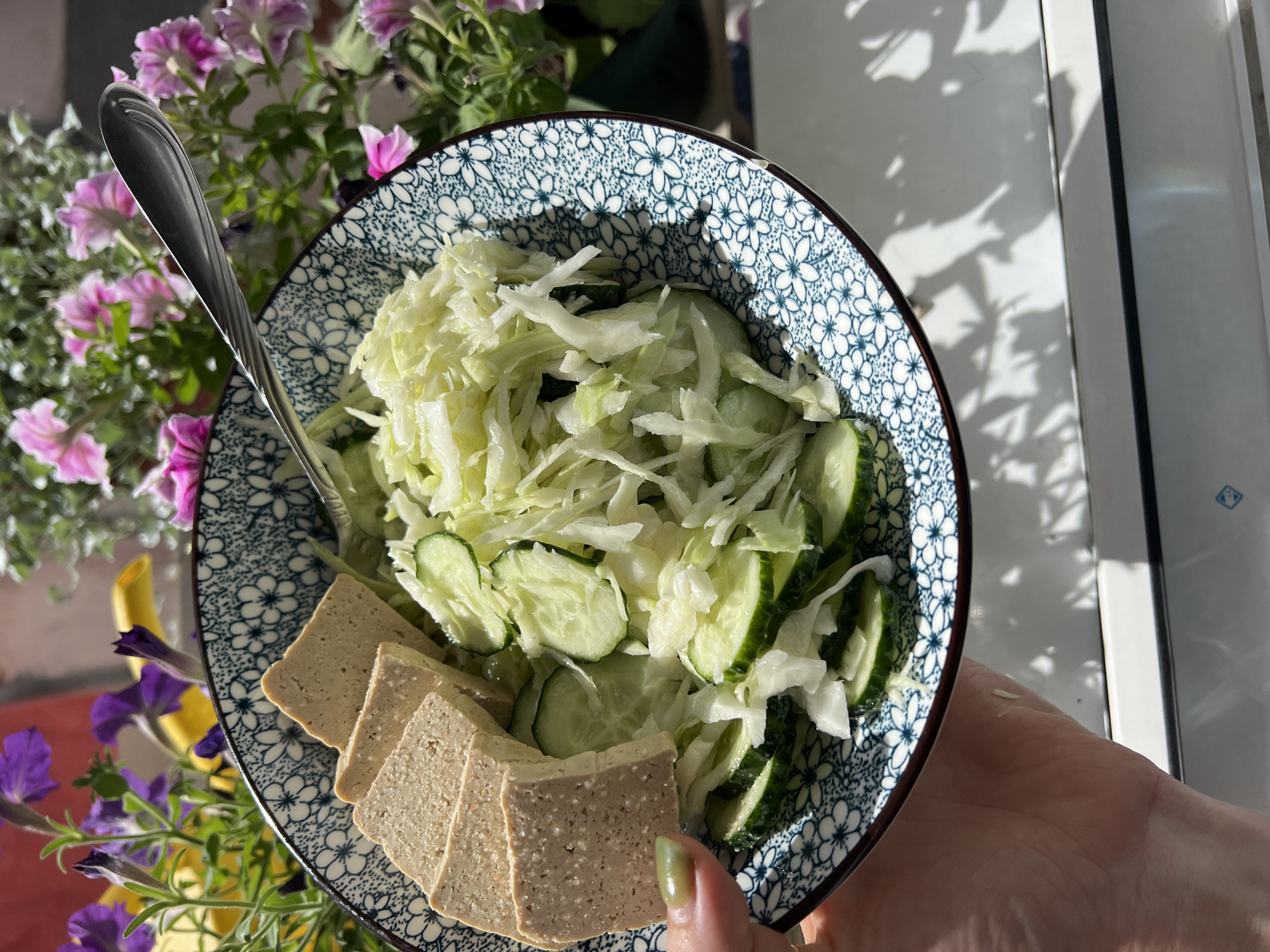 A top-down, close-up shot shows a bowl of salad composed of shredded white cabbage and sliced cucumbers, topped with several rectangular slices of pale brown firm tofu. The bowl has a dark blue and white floral pattern. A silver spoon rests partially in the salad, angled towards the upper right. The bowl is held by a person's left hand, with their fingernails painted a light green color. The background consists of blurred pink and purple flowers, suggesting an outdoor setting, possibly on a windowsill or balcony in Novosibirsk, Russia. The lighting indicates a bright, sunny day, casting shadows on a white surface below the bowl.