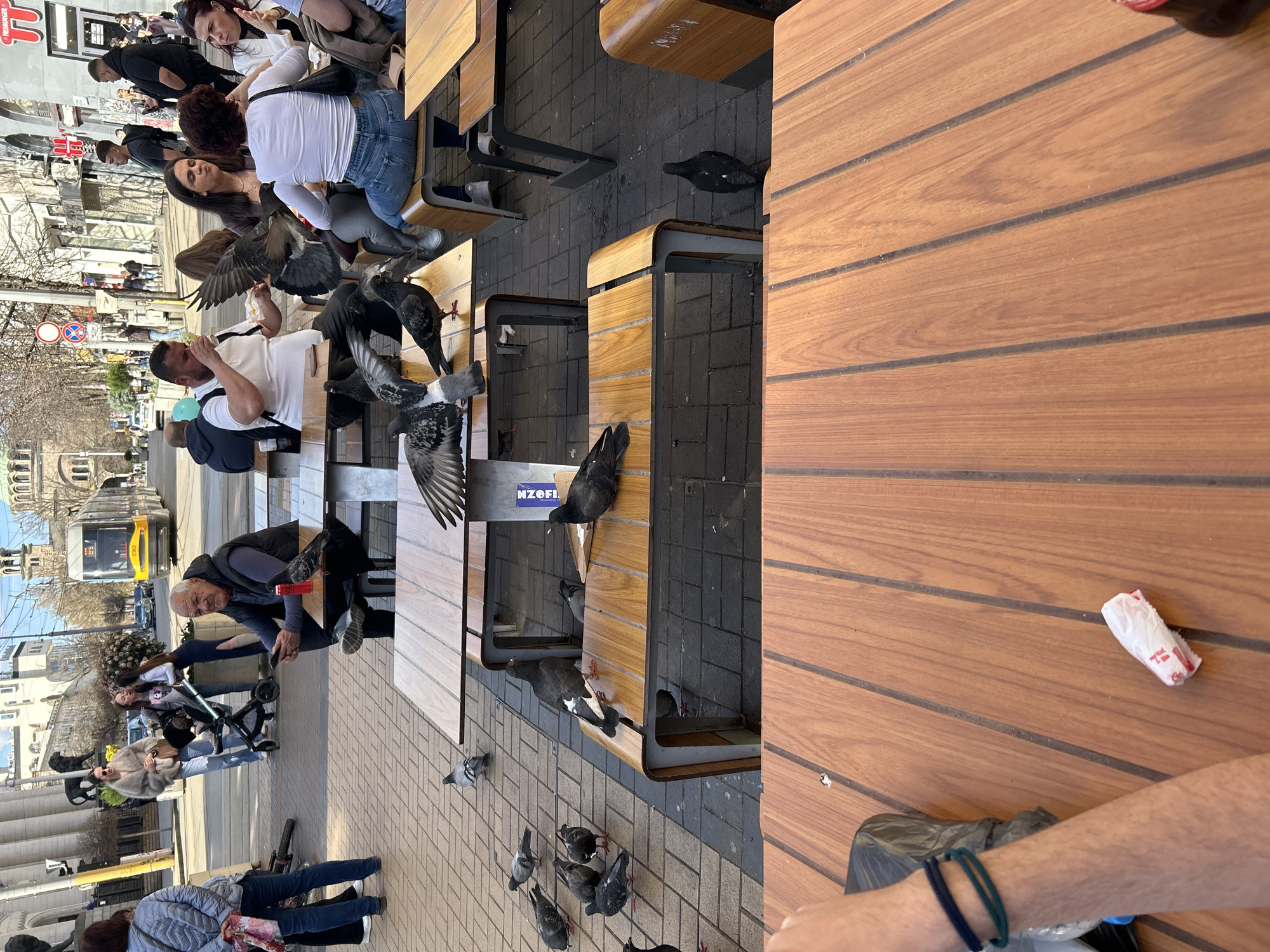 The image depicts an outdoor dining area with several wooden tables and benches. People are seated at some of the tables, while others are standing or walking nearby. Pigeons are seen around the tables, some appearing to be eating food. There is a tram visible in the background. The location is identified as the city of Sofia, Bulgaria. A trash wrapper sits on one of the tables closest to the viewer.