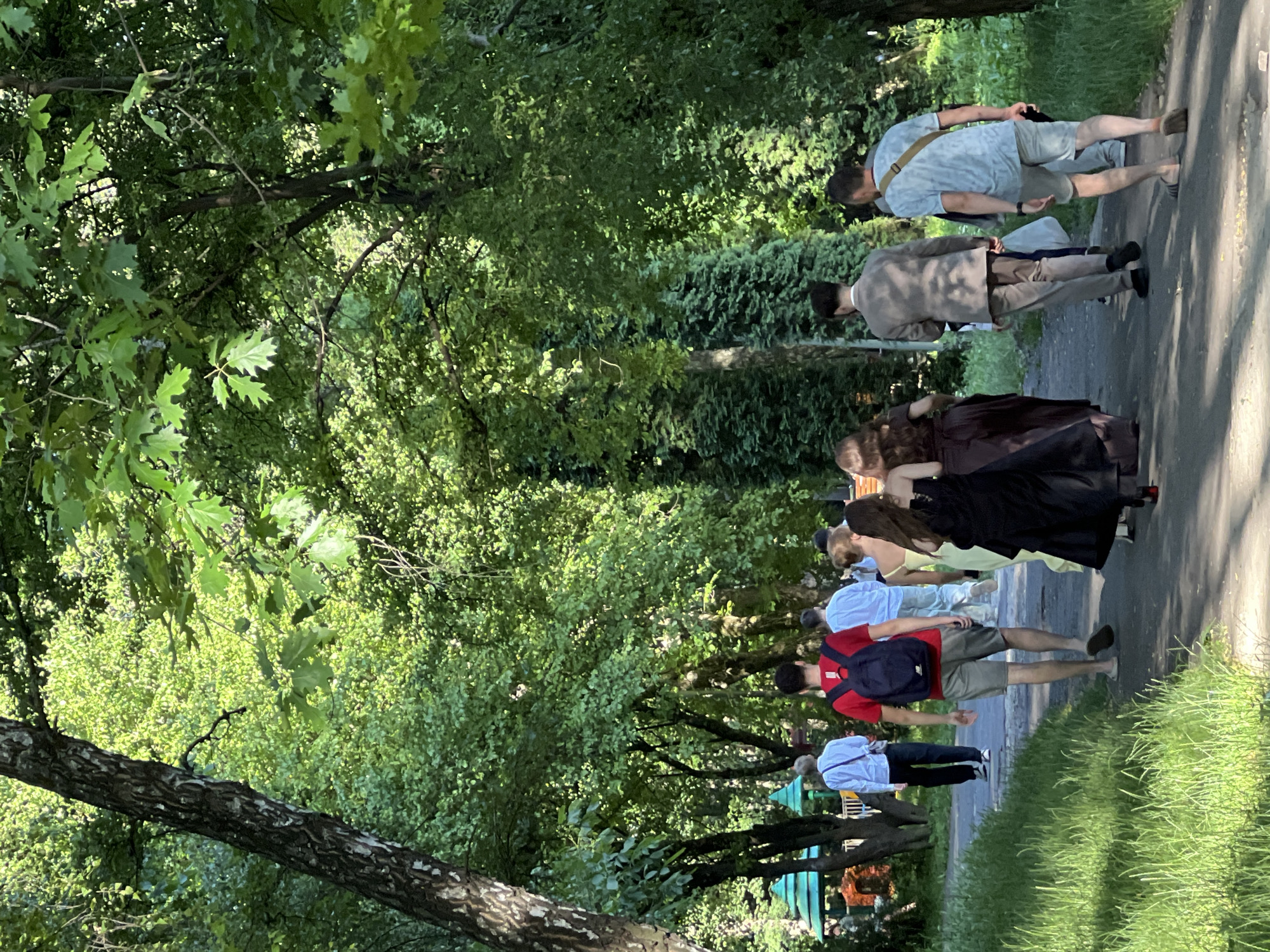 The image shows a group of people walking on a paved path through a park on a sunny day. The path is lined with lush green trees and grass. The people are dressed casually, suggesting a relaxed outing.
In the foreground, a person in a red shirt and shorts with a backpack is walking away from the camera. Behind them, another person in a light blue shirt and dark pants is walking in the same direction. Further down the path, several other individuals are visible, including a person in a light blue t-shirt and shorts, and another in a brown jacket and trousers. Towards the back of the group, a person in a dark dress is also walking along the path.
The time of day appears to be daytime, likely late morning or afternoon, given the bright sunlight casting shadows on the path. The weather seems pleasant and warm, suitable for outdoor activities. The scene evokes a sense of leisure and community, with people enjoying a walk in a natural setting. The location appears to be a park or a recreational area in Ternopil, Ukraine, characterized by its abundant greenery. No visible text is present in the image.
