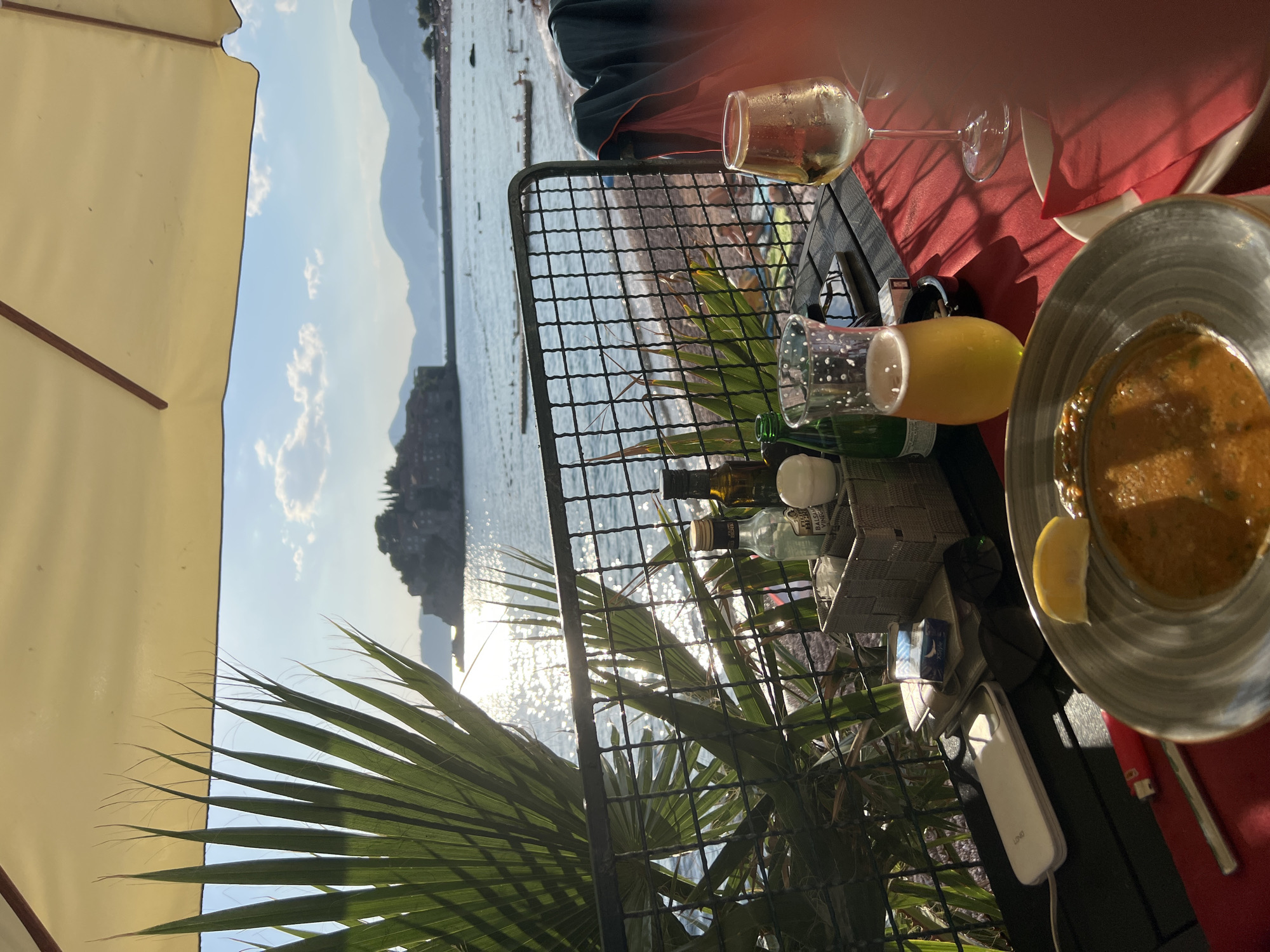 The image depicts a table at an outdoor restaurant overlooking the Adriatic Sea, with the island of Sveti Stefan in the distance. The foreground shows a meal with a dish of food topped with a lemon wedge, a glass of white wine, and a glass of beer. On the table are also some bottles, a cigarette pack, a lighter, and a phone charger. A palm frond extends from the left side of the frame, partially obscuring the view of the sea and the beach. In the middle ground, a metal railing separates the dining area from the beach. The background features the picturesque island of Sveti Stefan, a fortified island settlement connected to the mainland by a causeway. People are visible on the beach, sunbathing and swimming in the sea. The sky is blue with scattered clouds, and the sun is shining brightly, reflecting off the water. The overall scene suggests a relaxed and pleasant dining experience with a stunning coastal view.