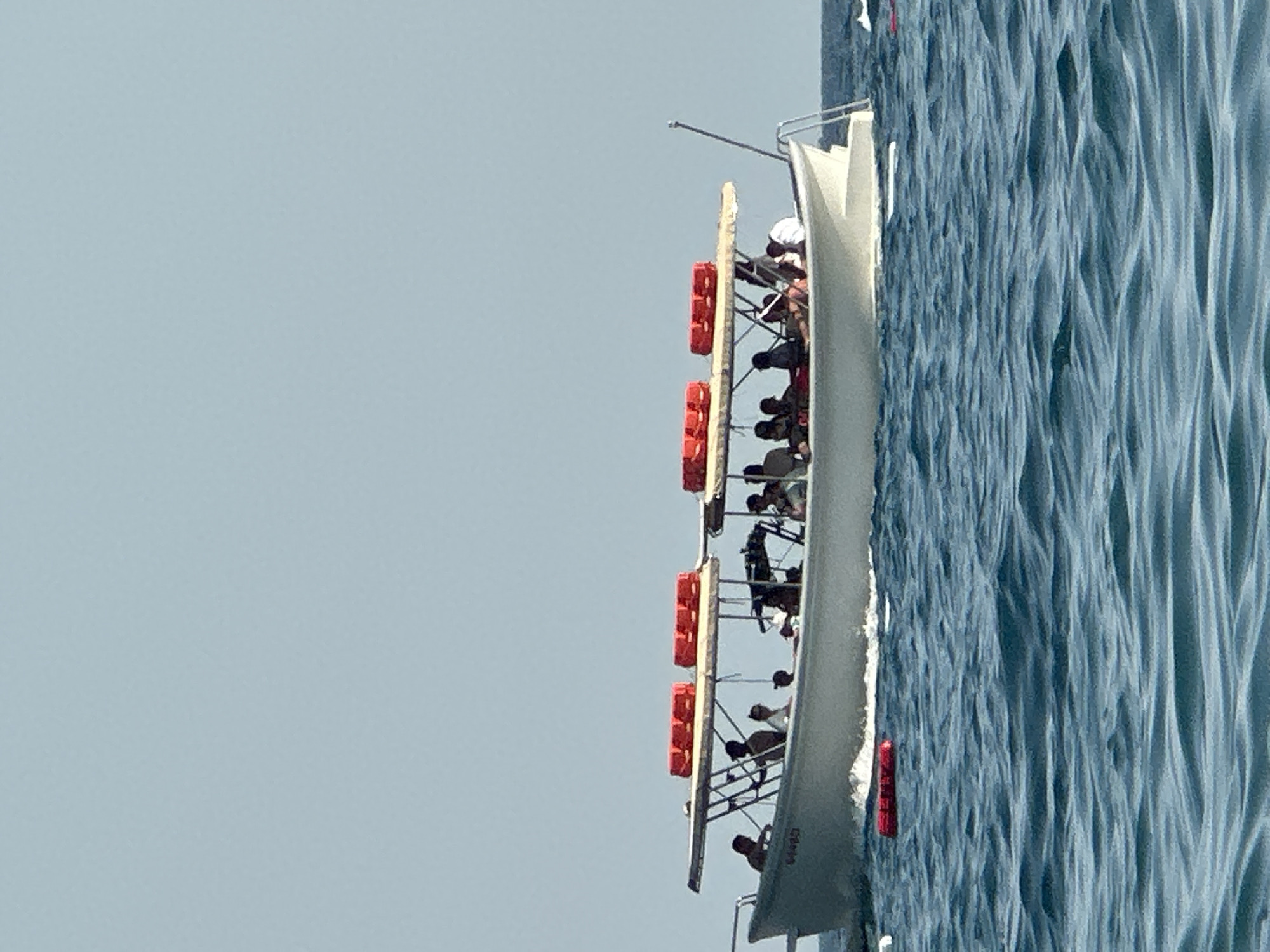 A white passenger boat is cruising through the blue water of the sea. The boat has a canopy, and on top of the canopy are several red life vests. There are at least ten people on the boat, all appearing to be passengers, with some standing and some seated. The boat has a white hull with some markings in a darker color. In the water near the boat, there are two red buoys. The sky is a clear, light blue. The overall scene depicts a boat tour or transport on a sunny day. This scene is located in the waters near Boreti, Montenegro.