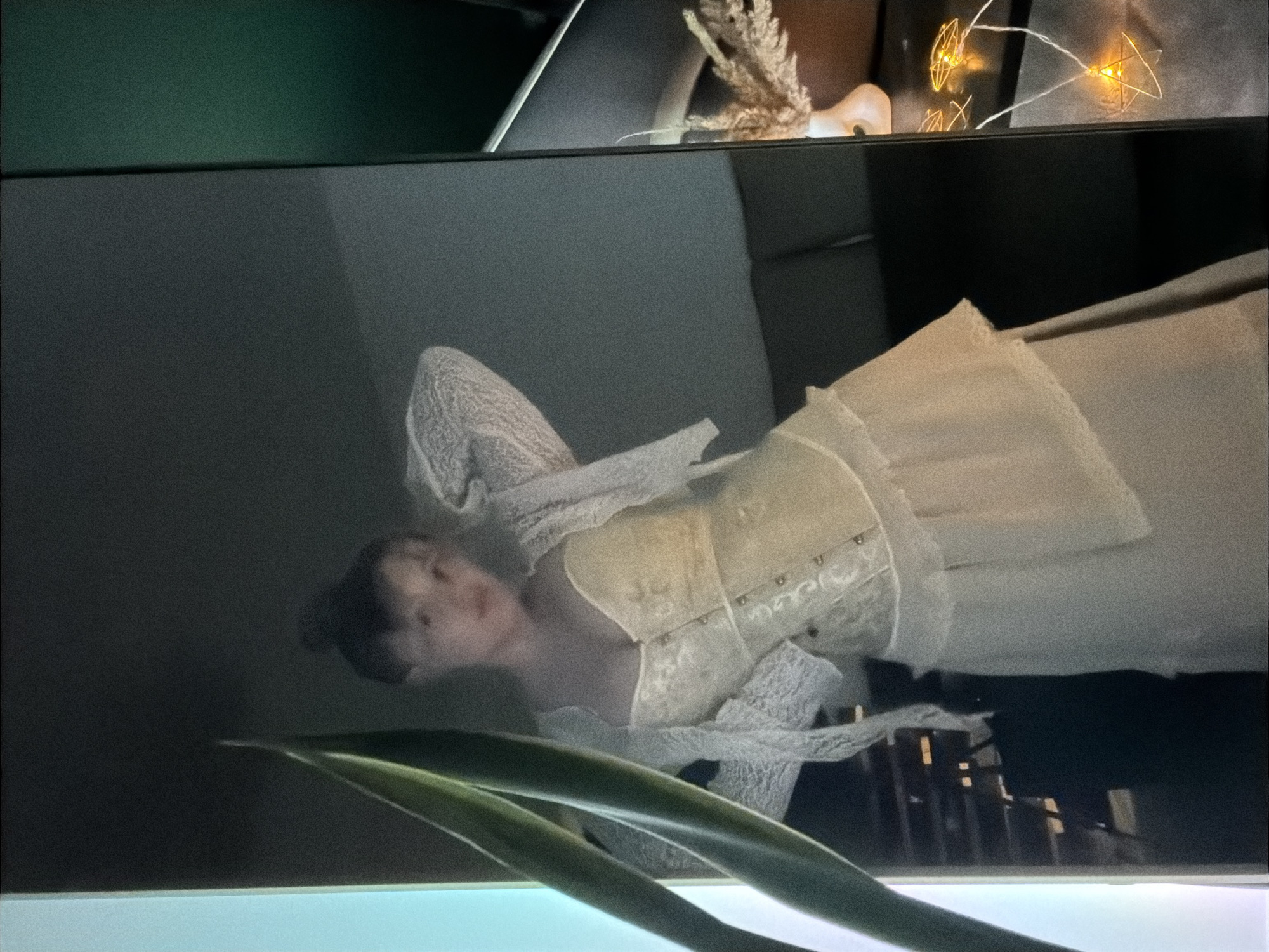 This media file captures an indoor scene, primarily featuring a television or monitor screen displaying an image or video.
**Subjects:** The main subject displayed on the screen is a young woman. She is wearing a light-colored, possibly cream or white, elaborate dress or costume. The attire includes a fitted, corset-style bodice with visible lacing or metallic stud details, and long sleeves with delicate lace patterns. Her hair appears to be styled up. Her face is slightly blurred and indistinct due to the image quality and angle.
In the immediate foreground, obscuring the bottom of the screen, is a green plant with long, pointed leaves, likely a snake plant or similar foliage.
In the background of the actual room, above the screen, various decorative elements are visible: a dark green wall or surface, a piece of dried botanical decor resembling pampas grass, a string of warm-toned fairy lights with geometric, star-shaped wire cages, and a small, white, sculpted object, possibly a decorative candle holder.
**Activity or event taking place:** The primary activity depicted is the viewing of visual media on a screen. The woman on the screen appears to be posing or captured in a still frame from a video. The image on the screen is rotated 90 degrees clockwise, showing the woman lying on her side relative to the screen's frame.
**Notable details:** The scene suggests an indoor setting, possibly an evening, given the presence of decorative fairy lights emitting a warm glow. The background behind the woman on the screen is a plain, dark grey or black, with some vertical, darker elements in the lower right, possibly indicating a staircase or structural detail within her depicted scene. The room itself, where the photo is taken, appears to be furnished with decorative items, creating a cozy atmosphere. The location context provided is Большая Шильна, Russia, referring to where the photograph was taken.
**Visible text:** There is no visible text in the image.