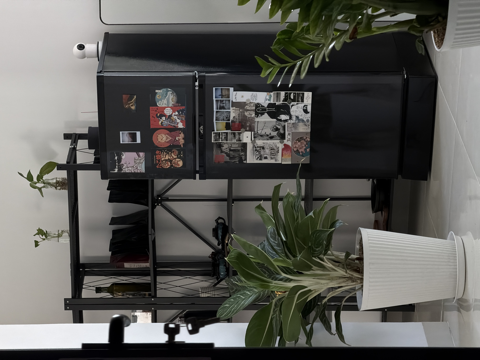 The image shows a black refrigerator with stickers on it, a black metal shelving unit, and two potted plants. The refrigerator has various stickers and magnets attached to its doors. The shelving unit holds items such as bottles, books, and black clothing or bags. The plants are located on the right side of the frame, one above the refrigerator and another lower down. A white desk is visible in the lower portion of the image with desk accessories (microphone or lamp) and a monitor. The location is unknown.