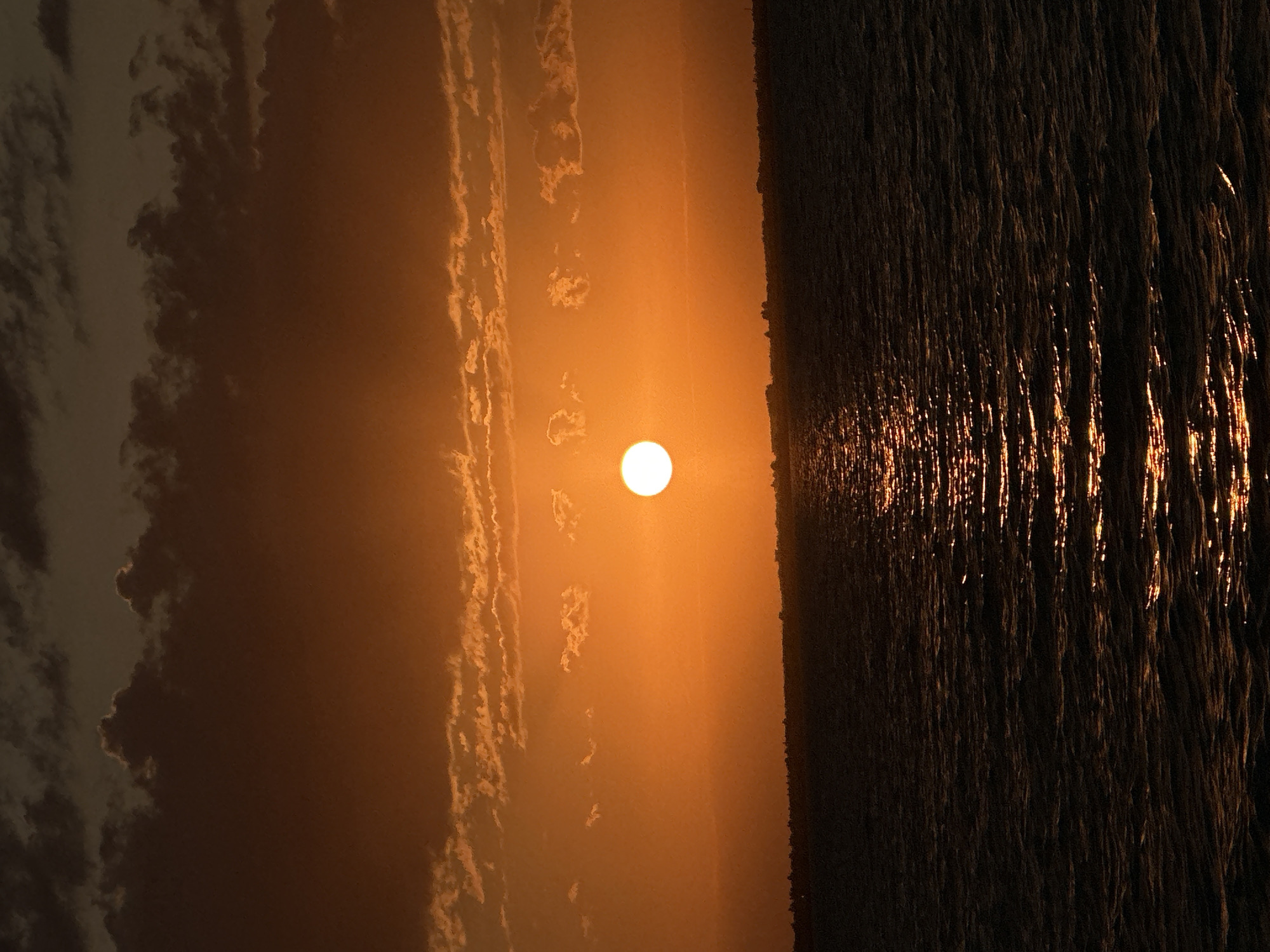 The image depicts a sunset over a body of water, likely a lake or river, with a faint treeline visible on the horizon. The sky is a vibrant orange, with clouds in shades of dark gray and lighter orange. The sun, a bright white orb, is partially obscured by the horizon. The water is dark, with shimmering reflections of the sunset creating a path of light across its surface. The overall mood is serene and atmospheric. The image does not contain any people, specific objects, or actions that would indicate a particular location within Kokshetau, Kazakhstan.