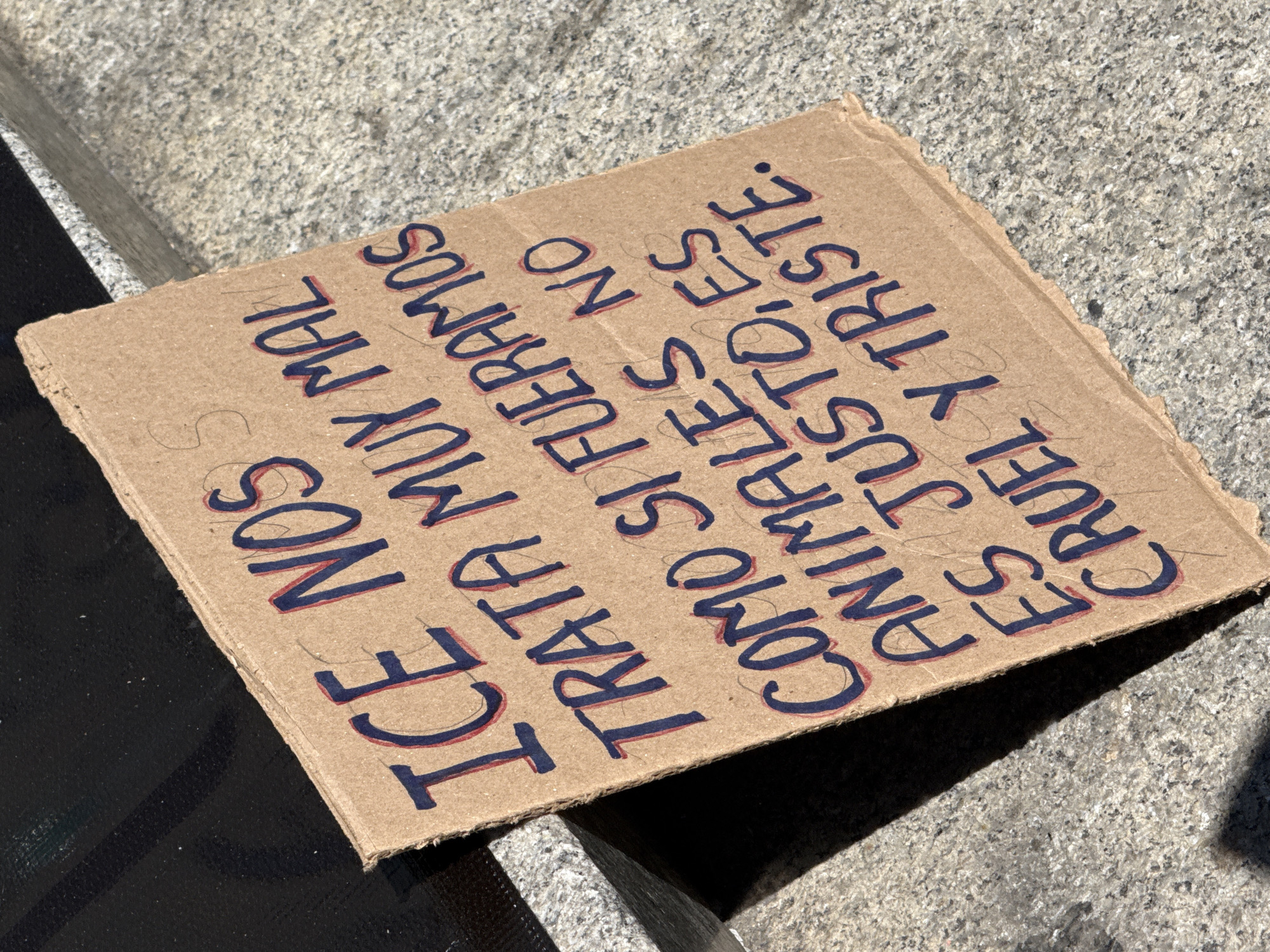 The image shows a cardboard sign lying on a concrete surface, possibly a sidewalk. The sign has handwritten text in Spanish, with the letters outlined in blue and filled in with red. The message reads: "ICE NOS TRATA MUY MAL COMO SI FUÉRAMOS ANIMALES NO ES JUSTO, ES CRUEL Y TRISTE." This translates to "ICE treats us very badly as if we were not animals, it is not fair, it is cruel and sad." The sign is slightly tilted, casting a shadow on the concrete. The surroundings include a dark surface, possibly a step or ledge, and the textured concrete of the sidewalk. There are no people visible in the immediate scene. The image suggests a protest or demonstration against ICE (Immigration and Customs Enforcement) in Mexico City, Mexico, but there are no landmarks in the image to confirm this.