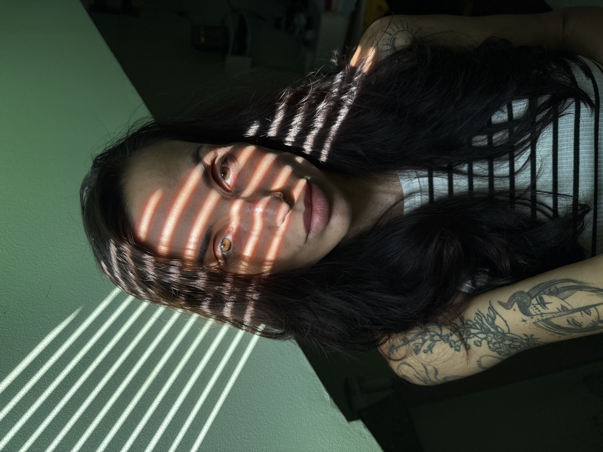 A striking indoor portrait features a person, likely female, with long dark hair, looking directly at the camera. Strong, parallel bands of sunlight and shadow, consistent with light passing through blinds, dramatically cut across her face, hair, and the muted green wall behind her. Her expressive eyes are prominent despite being partially covered by these shadows. She is wearing a white top with dark horizontal stripes. Intricate black ink tattoos are visible on her arm and shoulder, depicting designs such as a sun and moon, floral elements, and another stylized figure. The bright, directional illumination suggests a sunny daytime setting, creating a high-contrast and artistic composition. The person's pose is direct and contemplative. The setting is indoors, with the location context being Pleven, Bulgaria. No visible text is present in the image.
