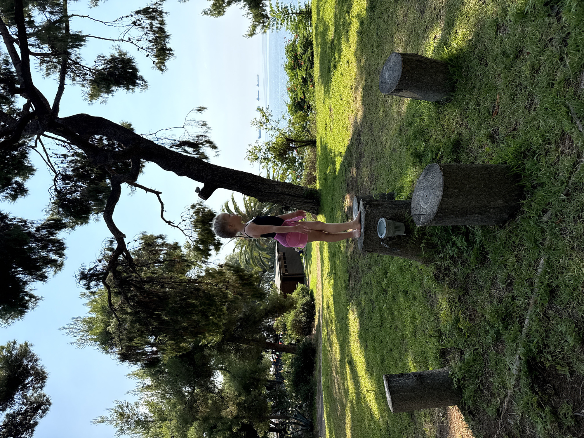 A young girl with blonde hair in braids, wearing a black top and pink shorts, stands on a tree stump in a grassy area with dappled sunlight. She is facing right, looking out towards a body of water with several cargo ships in the distance. The background features lush green trees, some with pine needles, and a small, rustic building. Around the girl, several other tree stumps are visible, some arranged in a semi-circle. The scene appears to be a park or recreational area within the Municipal Unit of Loutraki - Perachora, Greece, likely near the coast given the view of the sea and ships. The overall atmosphere is serene and summery.