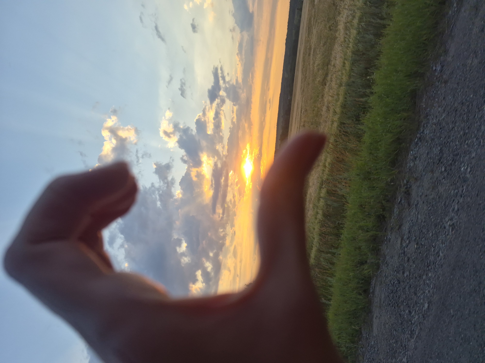 In Ol'khovo, Russia, a hand forms a heart shape against a backdrop of a picturesque sunset. The sun, a bright orb, is partially obscured by clouds and rays of light emanate from it, casting a warm glow across the sky. The sky transitions from a vibrant orange near the horizon to a soft blue higher up. Below, a field of golden grass stretches out, bordered by a strip of green vegetation and a gravel road in the foreground.