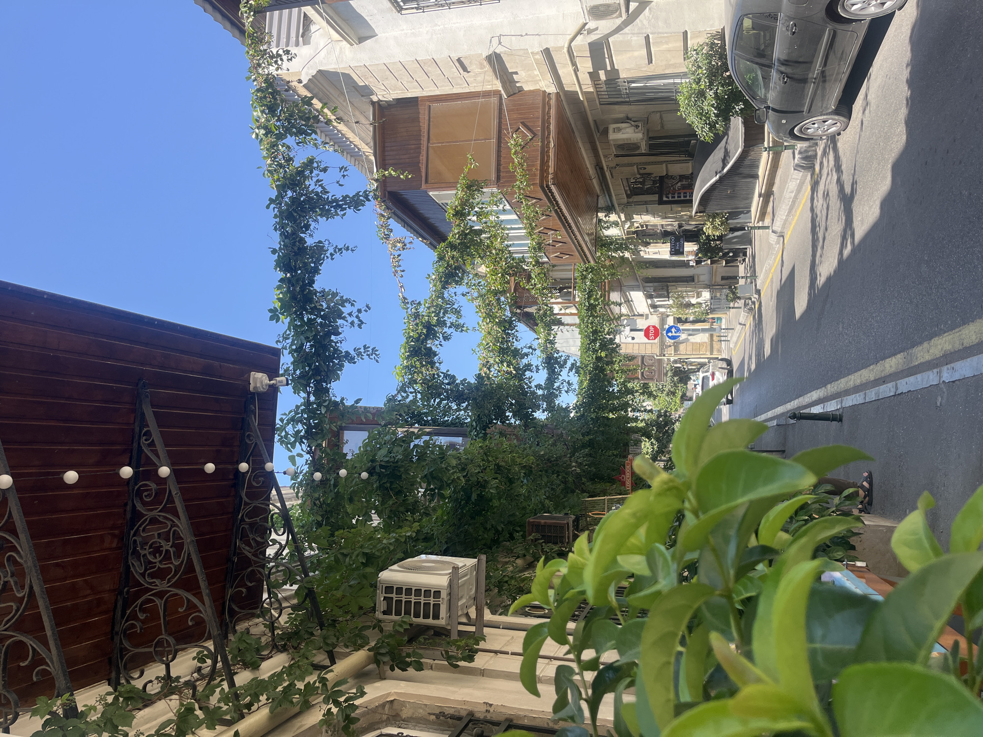 The image depicts a street scene in an urban environment. The perspective is from the sidewalk, looking down a street lined with buildings on both sides. The buildings appear to be old, with ornate architectural details. Green vines are growing over the buildings and across the street, creating a natural canopy. There are several air conditioning units mounted on the walls of the buildings.
On the left side of the street, in the foreground, is a lush green plant with large leaves, partially obscuring the view. Beyond the plant, the building has a wooden overhang with decorative metalwork and string lights. Further down the street, there are more buildings, some with balconies.
On the right side of the street, there are more buildings, also with balconies. A black car is parked on the right side of the street. A stop sign is visible in the distance on the left side of the street. The street is paved and appears to be a public road with yellow lines marking the lanes. The sky is clear and blue.
The scene conveys a sense of an old European city with a blend of historic architecture and natural elements. The presence of greenery and string lights suggests a pleasant, perhaps even romantic, atmosphere. The overall impression is one of a quiet, sunny day in a charming urban setting.