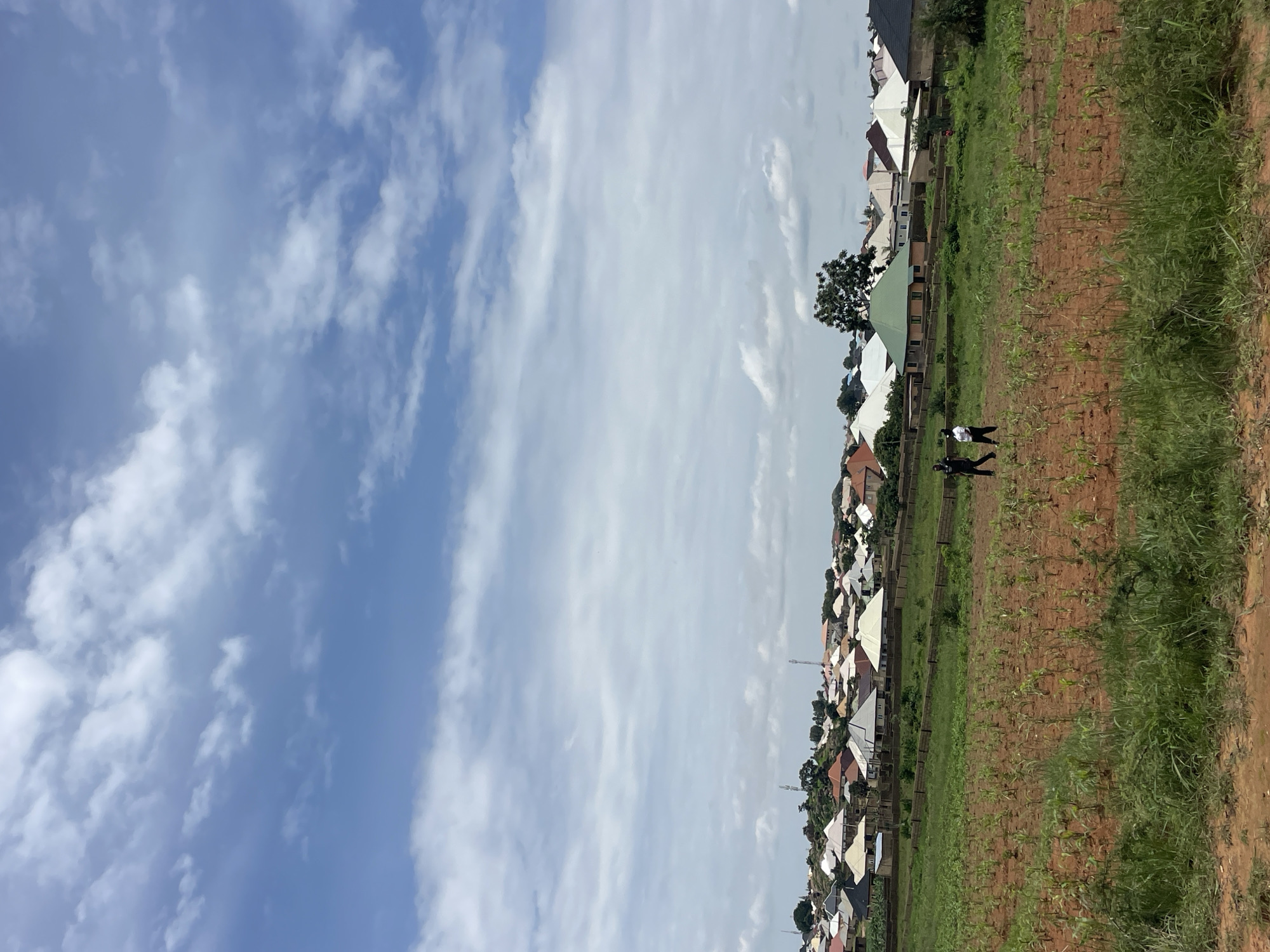 A wide shot shows a rural community in Rafin Bauna, Nigeria. The foreground features a recently planted crop field with rows of young green sprouts growing in reddish-brown soil. Two individuals, one wearing a black shirt and pants and the other a white shirt and black pants, walk side-by-side across the field. In the background, a collection of residential houses with various roof colors—including white, red, black, and green—are situated on a gentle incline. A low brick wall runs horizontally across the middle ground, separating the field from the residential area. The sky above is a pale blue, filled with scattered white clouds.