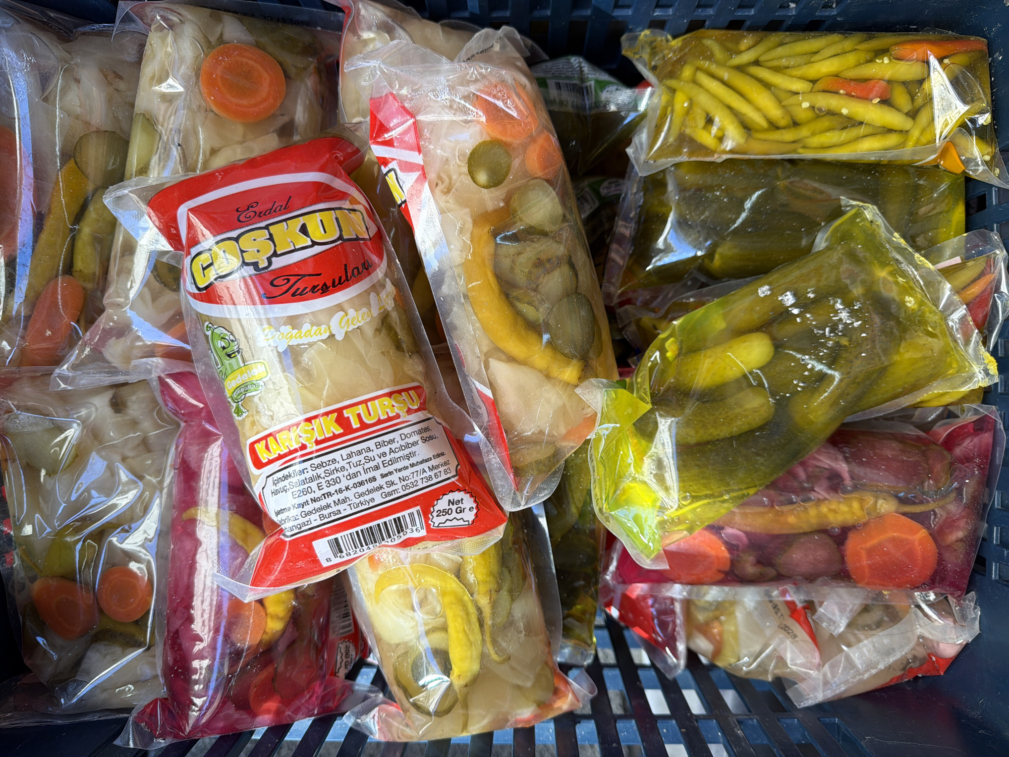 The image shows a collection of plastic bags filled with pickled vegetables, known as "turşu" in Turkish, within a blue plastic crate. The bags contain various vegetables such as cabbage, peppers, tomatoes, carrots, and cucumbers, submerged in a brine of vinegar, salt, and water. Prominently featured is a bag with a red and white label, branded "Erdal Coşkun Tursuları Gedelek," detailing the ingredients and production location. The label states the product is a "KARIŞIK TURŞU" (mixed pickles) and provides the factory address in Gedelek Mah., Gedelek Sk. No:77/A Merkez, İnegazi - Bursa - Türkiye. The net weight is listed as 250 grams. Given the types of food and location information on the label, it is implied that these were taken in Kadıköy, Turkey.