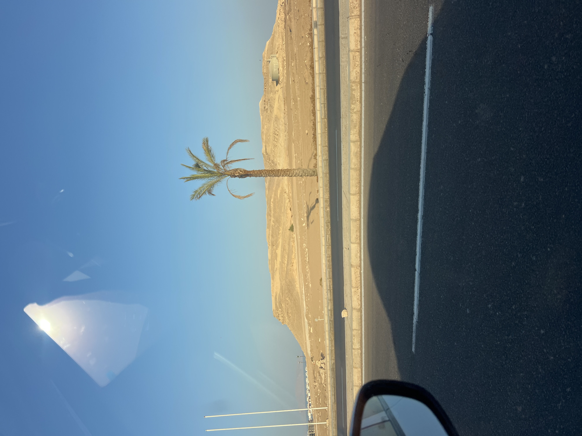 The image captures a desert landscape with a clear blue sky. A lone palm tree stands prominently in the center, its fronds splayed against the sky. Behind the tree, a sandy hill rises, dotted with sparse vegetation and some man-made structures, including what appears to be a cylindrical water tank or reservoir. In the foreground, a paved road runs horizontally, with a concrete curb separating it from a sandy area. The shadow of a vehicle, likely the one from which the photo was taken, stretches across the road. A side-view mirror of the vehicle is visible on the left edge of the frame, reflecting the sky and sunlight. The scene suggests a roadside view in a arid region, possibly on the outskirts of Sharm El Sheikh, Egypt, given the typical desert environment and clear skies often seen in the area.