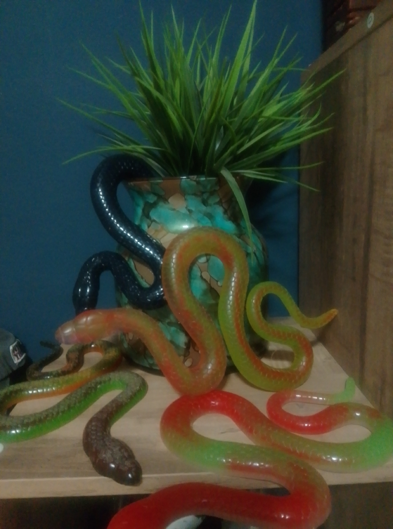 This is a close-up, medium-angle shot of several plastic, gummy-style snake toys scattered on a wooden shelf, with a decorative plant in a blue and green patterned vase in the background. The snakes are various colors, including black, green and red, and green and orange. One black snake is coiled around the vase. The environment appears to be indoors, possibly a shelf in a home or store. The image was taken in Wedel, Germany.