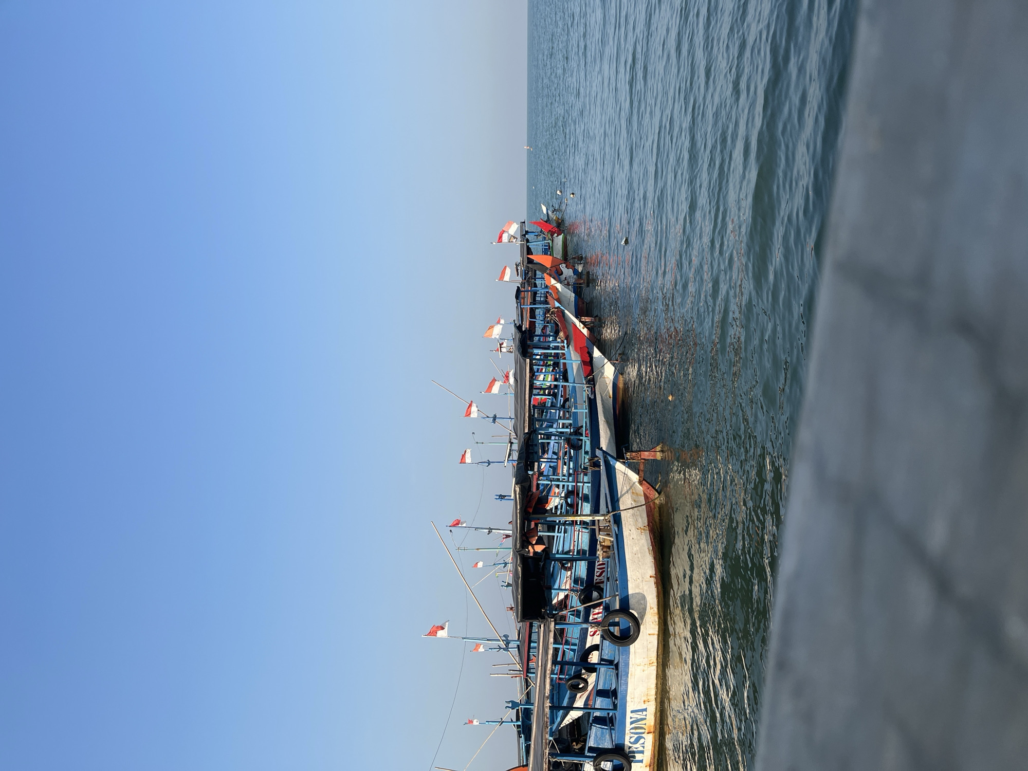 The image captures a serene seascape in Jepara, Indonesia, likely from a harbor or pier. Several long, narrow fishing boats are neatly docked side-by-side, their hulls painted in various shades of blue and white, with some showing signs of wear. Each boat is adorned with multiple Indonesian flags, fluttering gently in the breeze, suggesting a national holiday or a festive occasion. The boats are equipped with wooden structures providing shade, and their decks are laden with what appear to be fishing gear or supplies.
The water is a tranquil blue-green, with gentle ripples reflecting the clear sky. In the distance, the horizon is a soft blend of blue sky and a slightly hazy sea. The foreground is partially obscured by a blurred concrete structure, possibly part of the pier or walkway from which the photo was taken. No people are visible in the scene, contributing to the peaceful and still atmosphere. The overall impression is one of a quiet, working harbor, basking in the daylight.