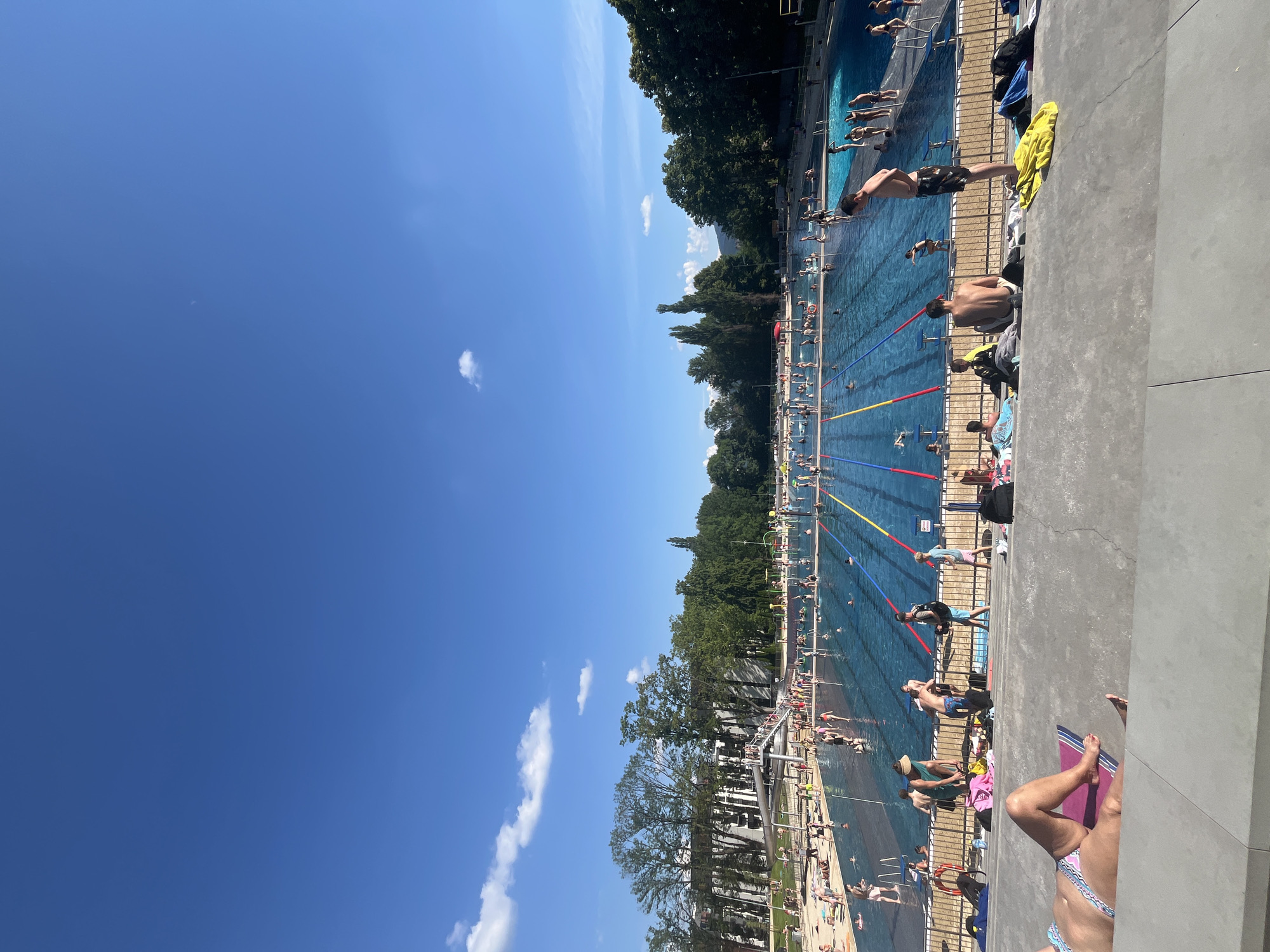 This is a vertical, wide-angle shot of a crowded outdoor swimming pool on a sunny day. The pool is long and rectangular, with lane markers in blue, yellow, and red. Numerous people are in the water, swimming or playing. On the pool deck, many more people are sunbathing, sitting, or standing. Some are dressed in swimwear, while others are in casual clothing. There are also towels, bags, and lounge chairs visible on the deck. Lush green trees line one side of the pool, suggesting a park or recreational area. The sky is a clear, bright blue with a few wispy white clouds. The sunlight is strong, casting shadows and indicating it's likely midday. The overall atmosphere appears relaxed and recreational, with people enjoying a warm, sunny day at the pool.