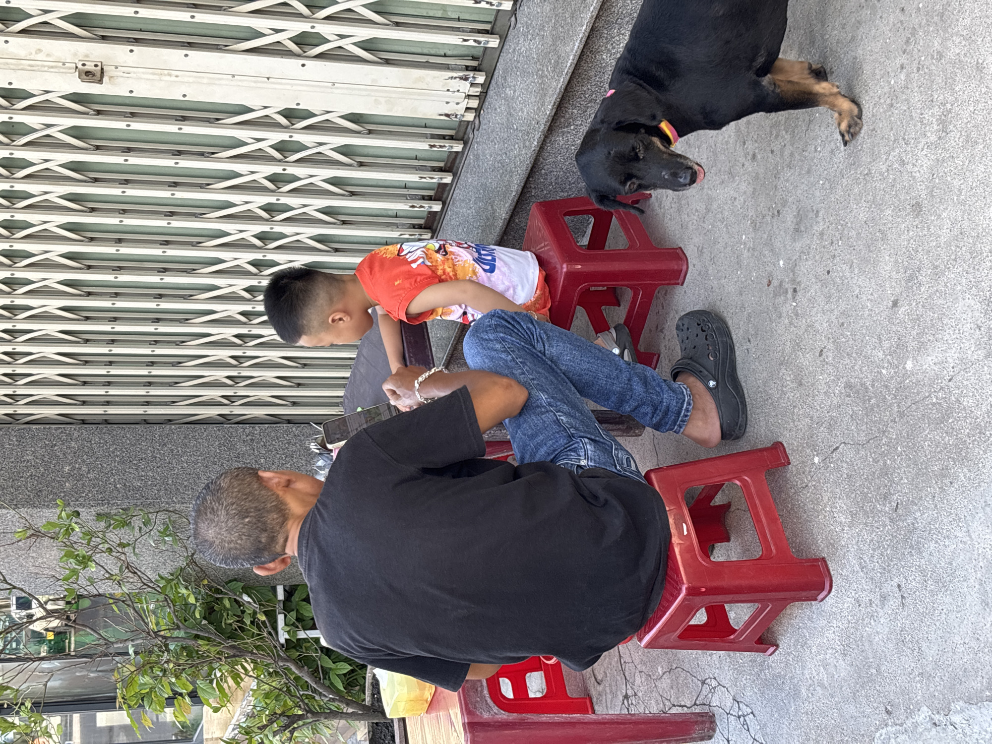 This is a medium shot, eye-level, outdoor photograph taken on a sidewalk in Nha Trang, Vietnam. The scene depicts an adult male in a black t-shirt and blue jeans sitting on a red plastic stool. He is facing away from the camera, looking at a young boy in an orange and white shirt who is sitting on another red plastic stool to his right. The boy is also facing away from the camera. Between them, on a red plastic table, is a mobile phone and a tissue dispenser. To the right of the boy and further in the foreground, a black dog with a pink and yellow collar stands on the concrete sidewalk, facing the camera with its tongue slightly out. In the background, there is a grey building wall with a white accordion-style metal gate. To the left of the adult male, a leafy green plant in a dark pot is visible. The overall lighting suggests it is daytime.