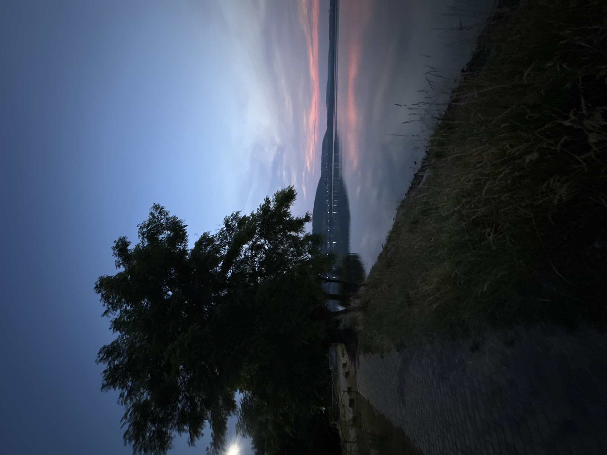 The image depicts a serene lakeside scene at dusk in Berezhany, Ukraine. A paved walkway runs along the left side of the frame, bordered by tall grass and a large, silhouetted tree. The lake stretches out to the right, reflecting the pastel hues of the twilight sky. In the distance, a bridge spans the water, with lights dotting the far shoreline. The overall atmosphere is tranquil and peaceful, with the fading light casting a soft glow over the landscape.