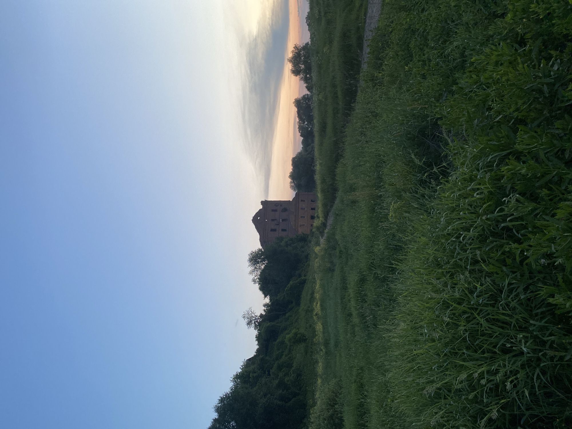 The image captures a serene landscape in Yuryatino, Russia, with an old brick building at its center. The sky is a gradient of light blue fading into a soft pink and orange hue near the horizon, indicative of dusk. In the foreground, tall green grass stretches across the frame, creating a lush, natural carpet. To the left, a sloping hill covered in dense green foliage rises, contrasting with the open field. The brick building, appearing somewhat dilapidated with visible damage and missing sections, stands on the right side of the hill, its architecture suggesting it might be an old mill or industrial structure. The overall atmosphere is peaceful and slightly melancholic, evoking a sense of history and natural beauty. There are no people or animals visible in the image.