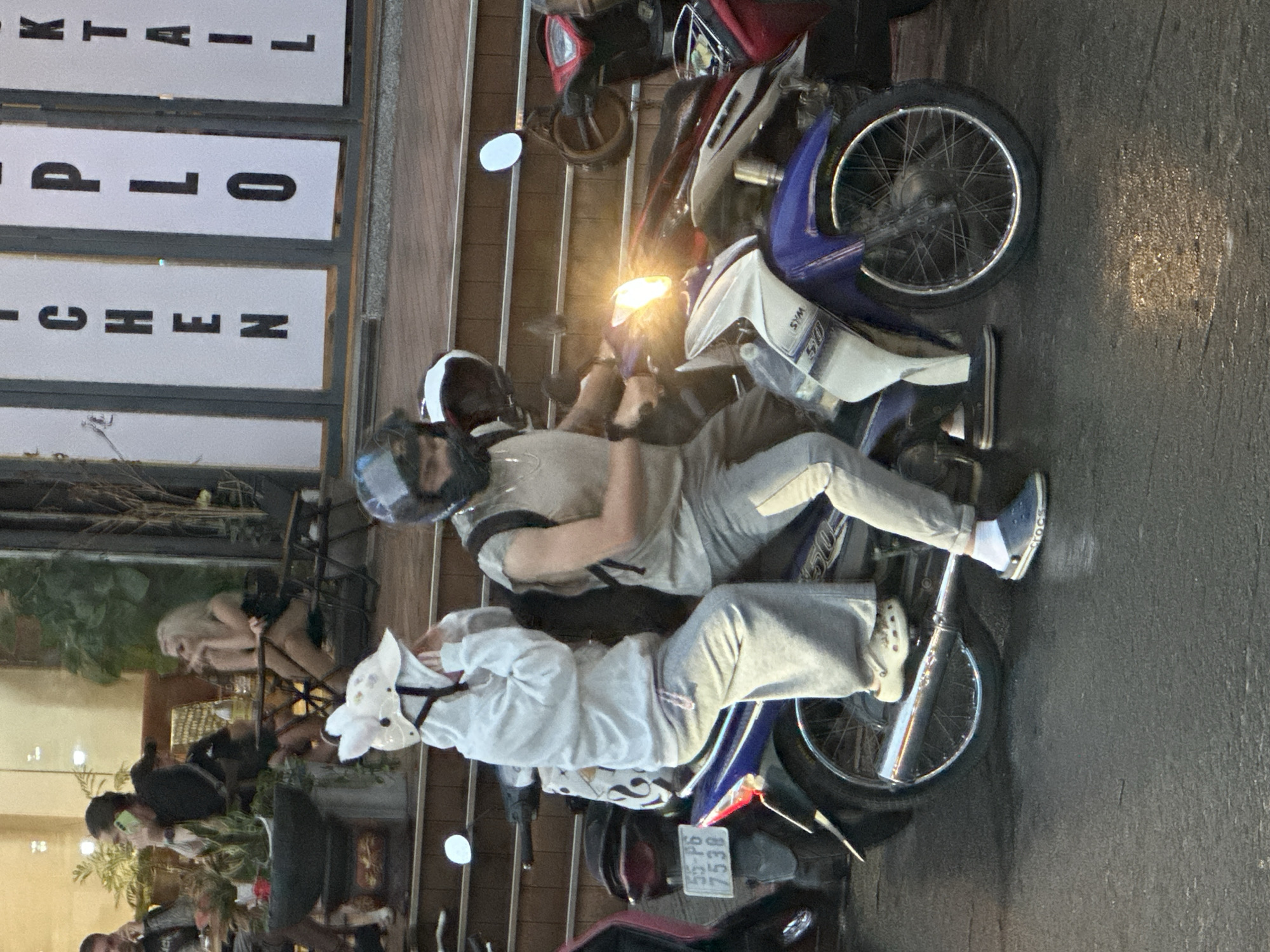 Bac Nha Trang Ward, Vietnam: Two people are sitting on a motorcycle parked on a city street. The driver wears a gray helmet, tan shirt, and gray pants. The passenger wears a white horse head mask and a white sweatshirt. The motorcycle is parked next to a restaurant. A group of people is visible sitting at tables outside the restaurant. Other motorcycles are parked nearby.