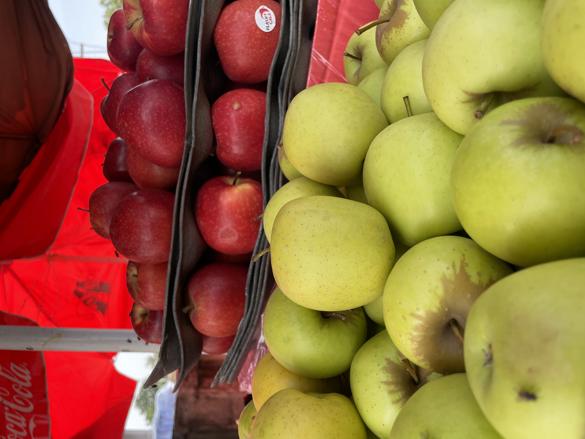 The image presents a close-up view of two varieties of apples displayed for sale. On the left are red apples, arranged in gray dividers, likely packaging for retail. A sticker on one apple reads "FLASH GALA." To the right, a larger pile of light green apples is visible. The scene appears to be a market stall, evidenced by the red fabric visible in the background, printed with "Coca-Cola." The specific location within Jos, Nigeria, is not discernible from the image alone.