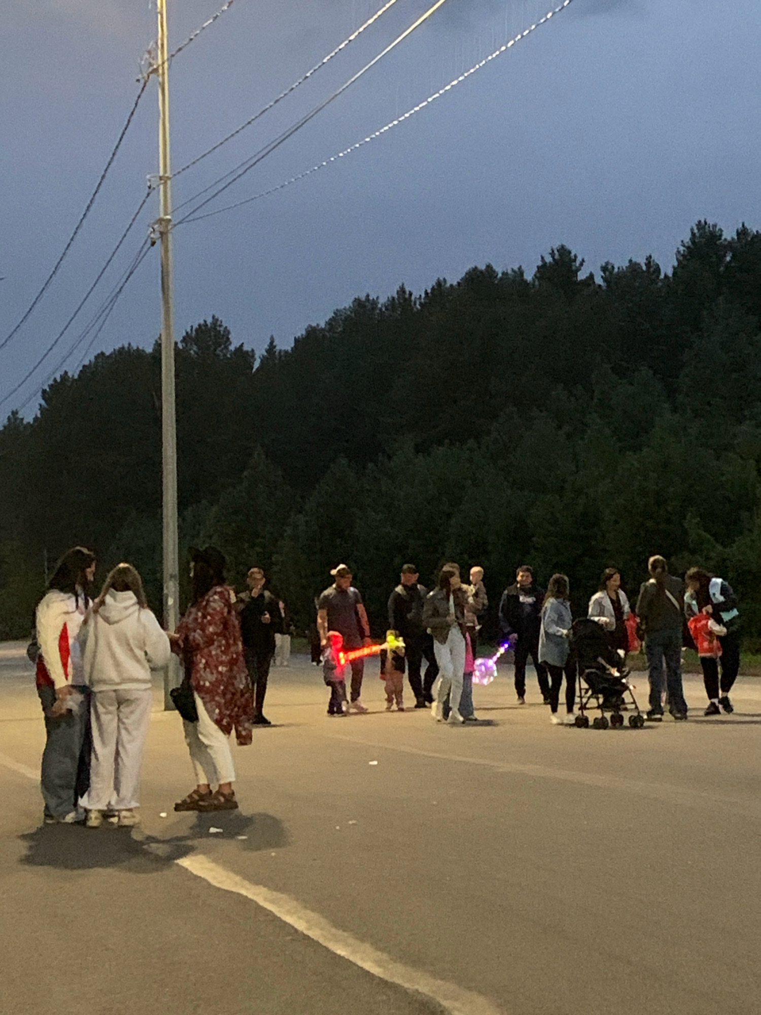 In Prokopyevsk, Russia, an evening scene unfolds on an asphalt road bordered by a dense forest. A group of approximately 15 individuals, including adults and children, are gathered. They are positioned near a tall utility pole with several wires stretching across the frame. The lighting suggests it is dusk or early evening.
Several people are holding illuminated objects, including a brightly colored rod-like object in the center-left of the group, and translucent, glowing spheres being held by two individuals on the right side of the central cluster of people. Some individuals appear to be interacting, with some looking towards each other. A stroller is present and unoccupied. The individuals are dressed in casual attire. The background consists of a dark forest line against a twilight sky. The overall atmosphere appears to be one of casual gathering or a planned event.