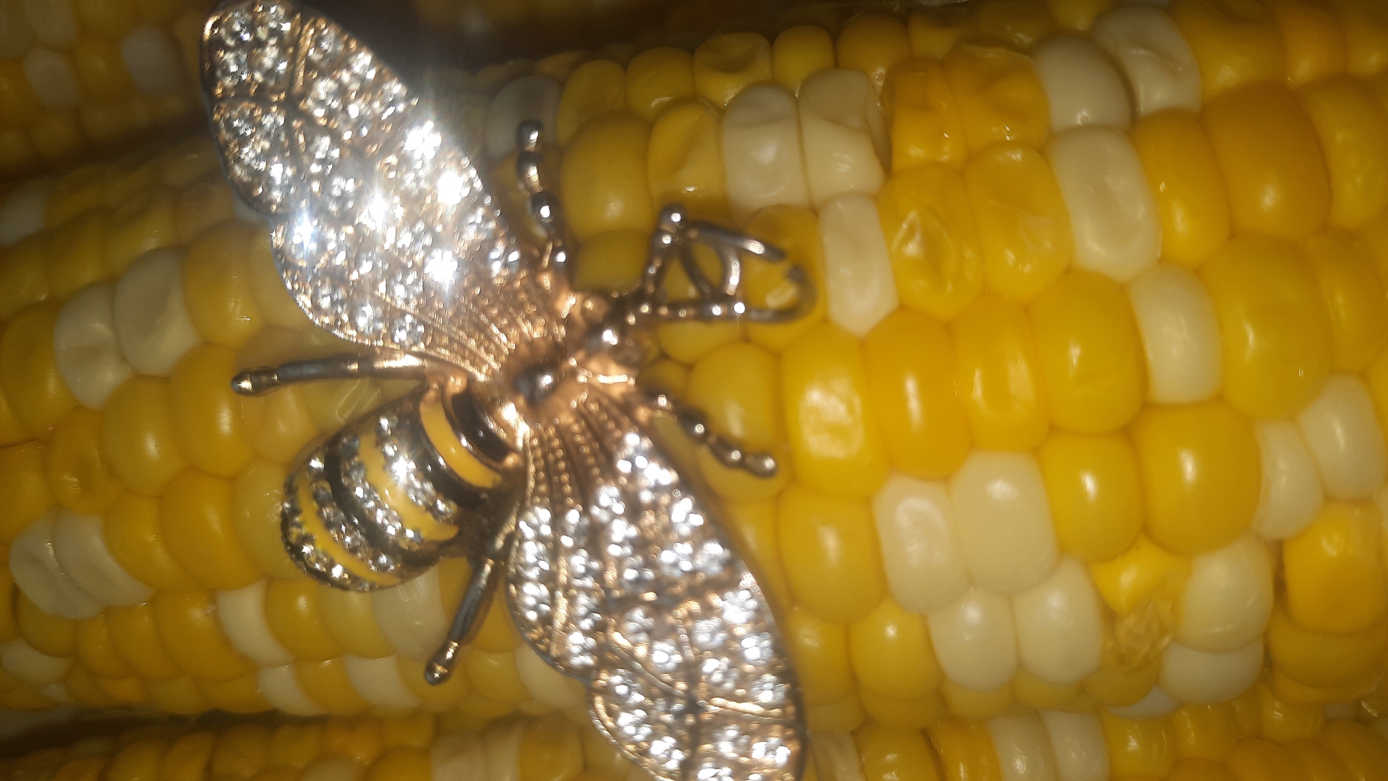 A close-up, top-down, vertical shot shows a decorative bee brooch with rhinestones placed on top of two ears of corn. The bee is golden with black and yellow stripes on its body and has translucent, shimmering wings. The corn is a mix of yellow and white kernels, arranged in rows. The scene is lit from above, causing glare on the bee's wings and the corn kernels. There is no indication of the location being in Шклоў, Belarus.