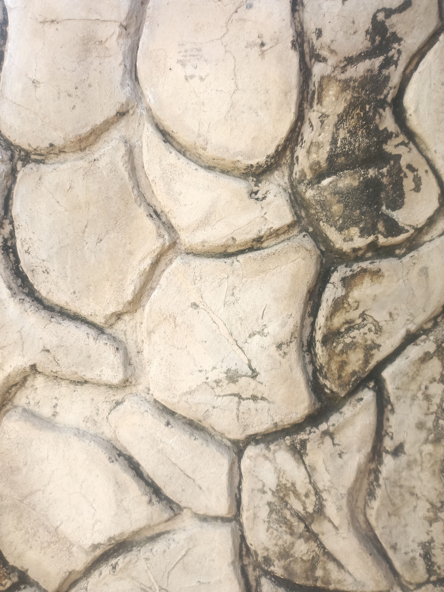 This is a close-up, vertical shot of a textured wall made of irregularly shaped, light-colored stones. The stones are cemented together, with visible grout lines creating a pattern of interconnected shapes. Some of the stones have a smooth, matte finish, while others display subtle cracks and imperfections. Dark, organic staining, possibly mold or mildew, is present in patches on some of the stones and within the grout lines, adding a weathered and aged appearance. The lighting is even, casting soft shadows that highlight the three-dimensional nature of the stonework. There are no people, animals, or other discernible objects in the frame. The image captures a section of an exterior wall, likely in a humid or shaded area. This type of stonework is common in many coastal towns in Venezuela, including Juan Griego, where it is used for decorative facades and retaining walls.