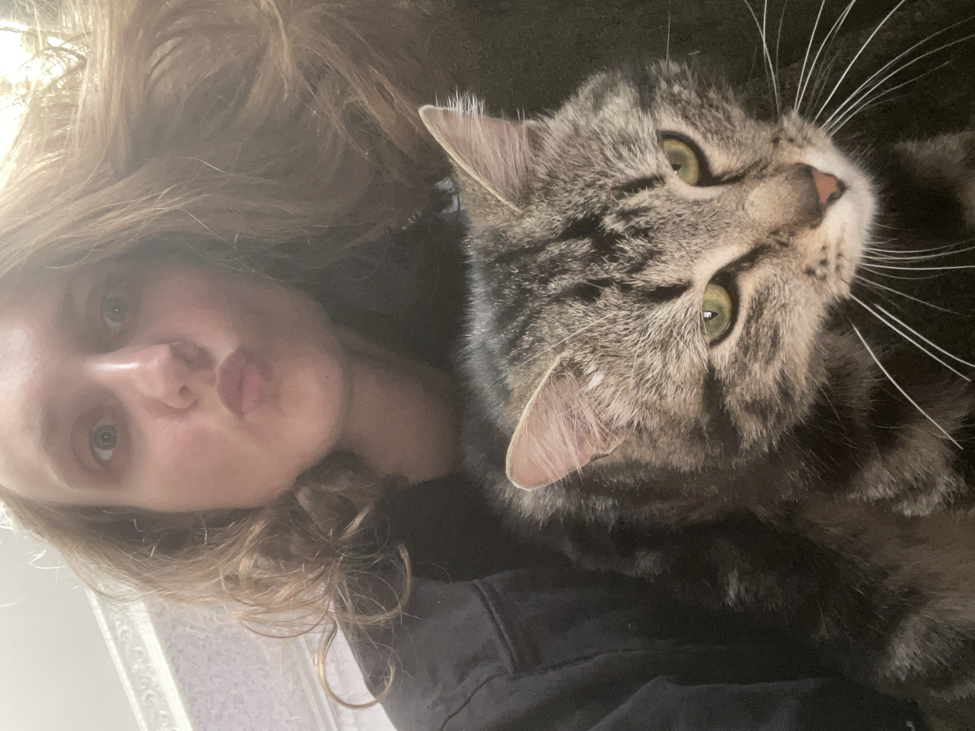 An indoor selfie captures a person and a cat in a close-up, rotated portrait. The image is oriented with the person's head on the left and the cat's head on the right, both looking towards the top edge of the frame.
The person, an adult female, has light brown or blonde, wavy hair that partially covers her face. Her left eye, which appears light-colored, is visible, and her lips are playfully pursed in a pouting expression. She is wearing a dark, possibly black, garment like a hoodie or shirt. A small portion of a light-colored, decorative architectural element, possibly molding or a frame, is visible in the bottom left, indicating an indoor setting in Kuyeda, Russia.
The cat, a domestic tabby, dominates the right side of the frame. Its fur exhibits characteristic stripes and spots in shades of grey, brown, and black. It has striking bright green eyes that are directly focused on the viewer, a pinkish-brown nose, and numerous long, prominent white whiskers. The cat's expression is calm and attentive. Its right ear, featuring fine tufts of hair, is clearly visible.
The lighting is soft and appears to be ambient indoor light, resulting in a dark background around the subjects. The image conveys a sense of affectionate companionship and a relaxed moment between the person and their pet. No discernible text is visible within the image.