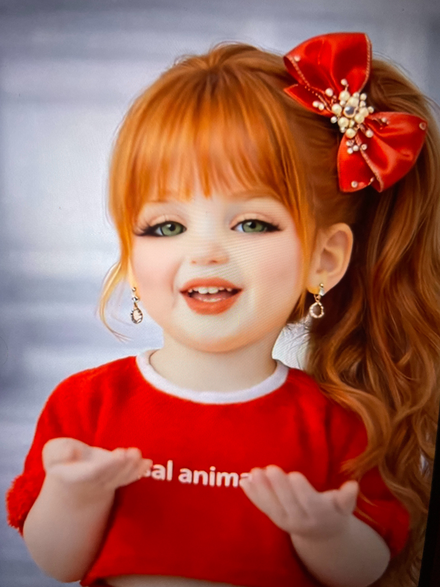 An unidentifiable person, depicted as a young child with vibrant red hair and striking green eyes, is shown against a grey, textured background. The child wears a bright red shirt with white lettering that appears to read "sal anima". A large red bow adorned with pearls and a gem is positioned on the right side of the child's head, and dangling earrings are worn on both ears. The child's hands are positioned outwards and slightly upwards. The scene is brightly lit, highlighting the subject's features and attire. The location is unknown.
