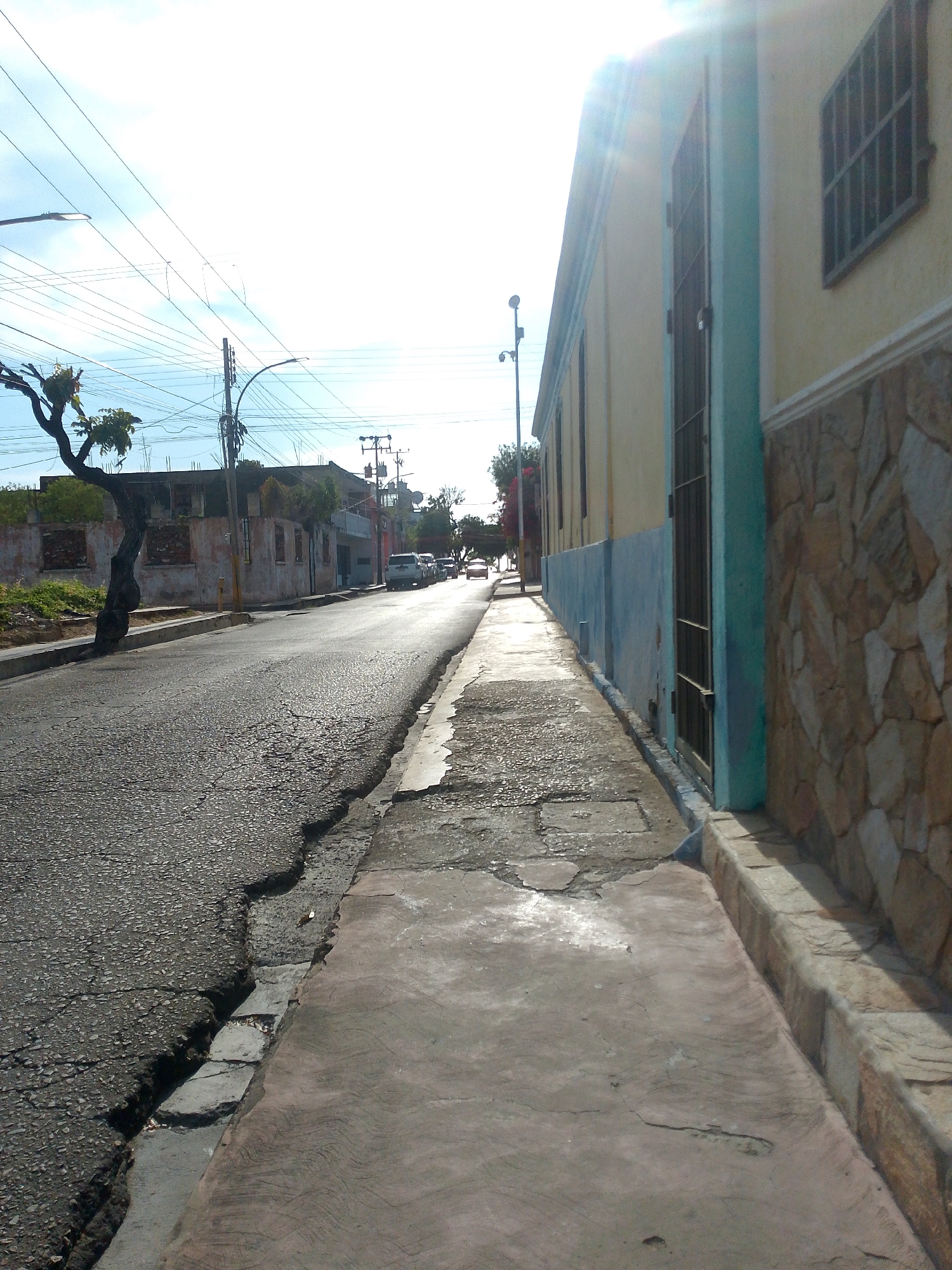 The image shows a street scene in Juan Griego, Venezuela. The road is cracked and damaged. A sidewalk runs along the right side of the street, adjacent to a building with a two-toned blue and yellow facade with a stone base. A bare tree stands on the left side of the road. Several cars are parked further down the street. Power lines and street lights are visible overhead. The sky is bright, and the sun is shining.