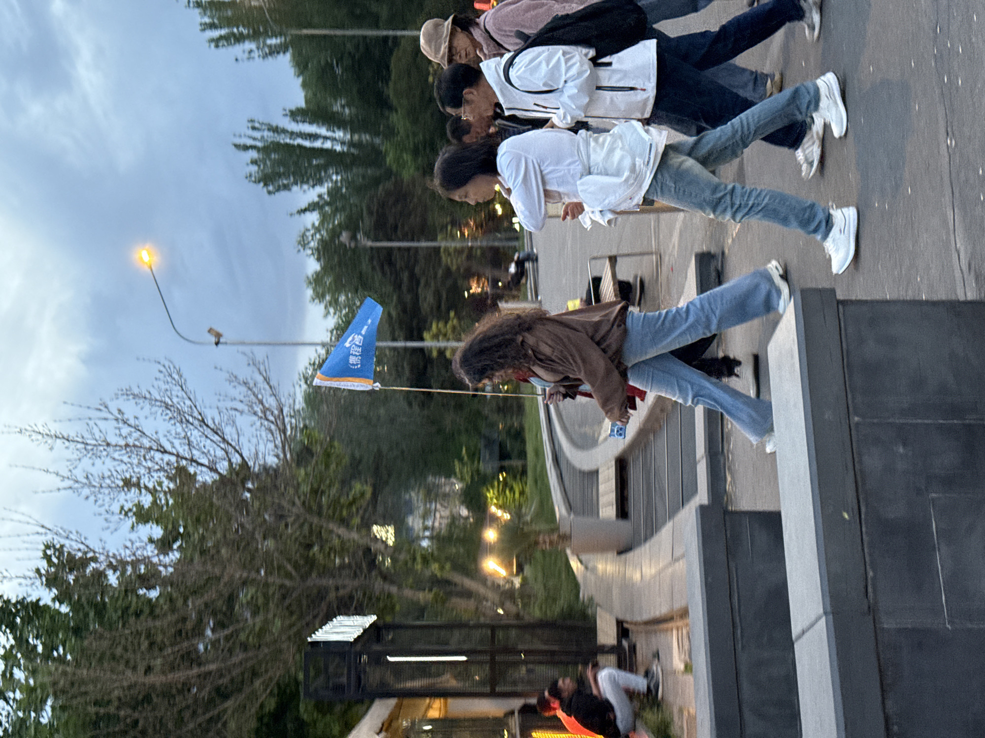 A medium shot depicts a group of four people walking outdoors. The first person, closest to the viewer, is a young woman with long, dark hair, wearing a brown jacket and blue jeans. She is holding a blue flag attached to a pole. Further back, there are three other people walking in the same direction. They are wearing casual clothing, including jackets and jeans.
The background includes trees, a street lamp, and buildings, suggesting an urban park or street. There is a gray concrete structure, possibly part of a building or landscaping, on the right side of the image.
The setting suggests that this image might be taken in Yerevan, Armenia, but more information is needed to confirm.