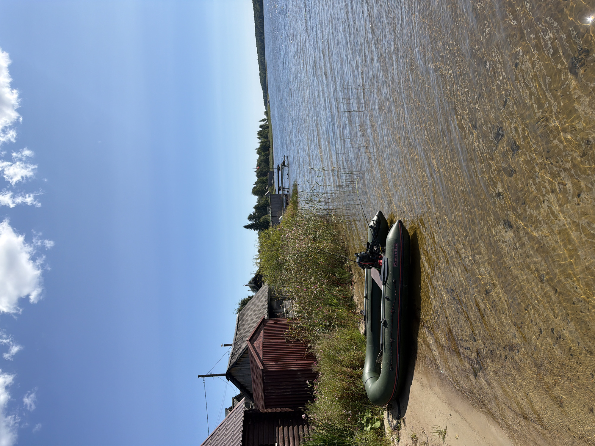 A dark green inflatable boat with a red stripe and "Catfish 340" printed on the side is beached on a sandy shore. The boat has a small outboard motor attached to the back and a fishing rod resting inside. The water is clear and shallow, with the sandy bottom visible. In the background, there are several wooden buildings with dark roofs, including a log cabin and a shed with a corrugated metal exterior. Tall green reeds and wildflowers grow along the shoreline, separating the beach from the buildings. A power line runs between two wooden posts in front of the buildings. Beyond the buildings and reeds, a wide, calm lake stretches to the horizon, meeting a clear blue sky with scattered white clouds. The overall scene depicts a quiet, rural lakeside setting in Jalguba, Russia.