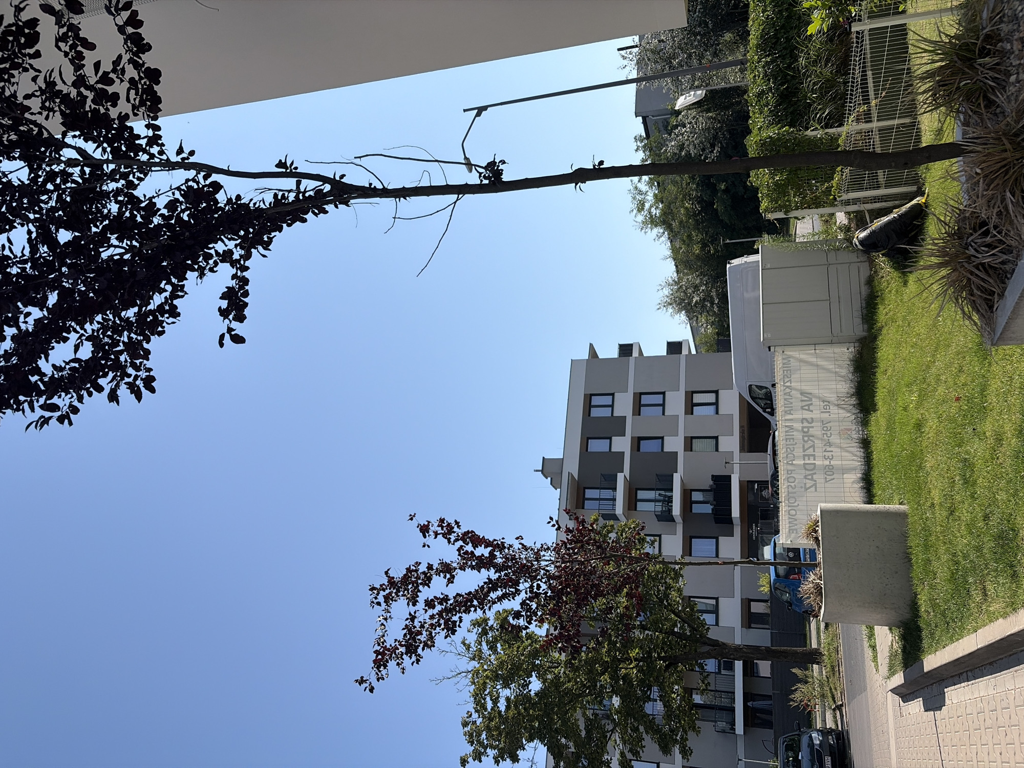 The image depicts a modern apartment building in Poznan, Poland, on a clear, sunny day. The building features a grey facade with white accents and several balconies. In the foreground, there are two trees with reddish-purple and green foliage, respectively, planted in a concrete planter. A sidewalk and a grassy area with a fence are also visible. Several cars, including a black hatchback and a blue compact car, are parked on the street. A white van is also present. A large, black trash bag lies on the grass near a fence. A street lamp is positioned on the right side of the frame. A banner with text in Polish is visible behind the fence. The sky is a clear, bright blue.