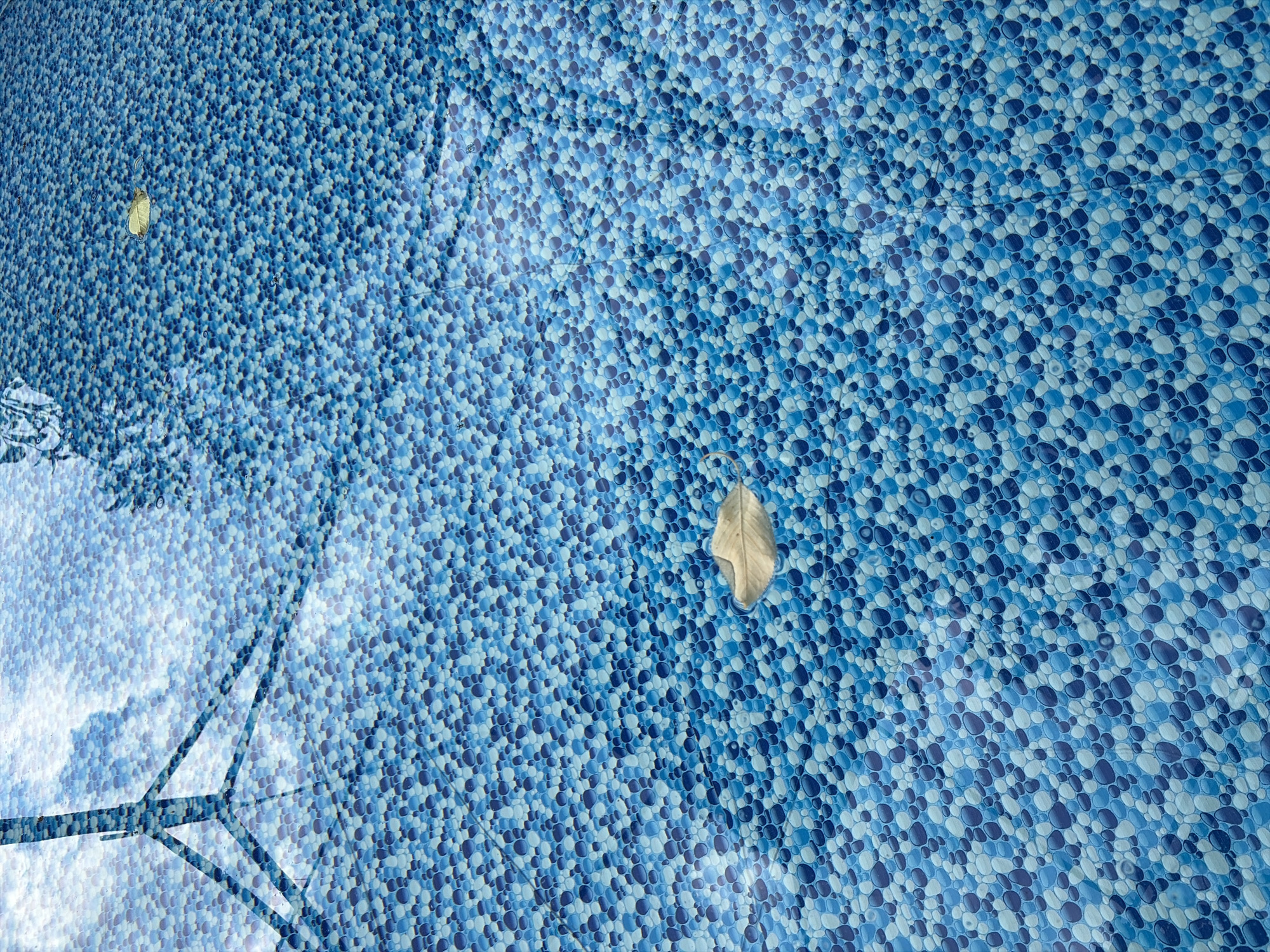 The image depicts the interior of an empty swimming pool. The pool liner features a mosaic pattern of blue and white pebbles. Two dry leaves are floating on the surface of the water. Reflections of the sky and what appears to be a structure, possibly a diving board or scaffolding, are visible on the water's surface in the upper left portion of the image. The scene is devoid of people or any activity. The specific location in the city of Oxentea, Moldova, is not discernible from the image itself.
