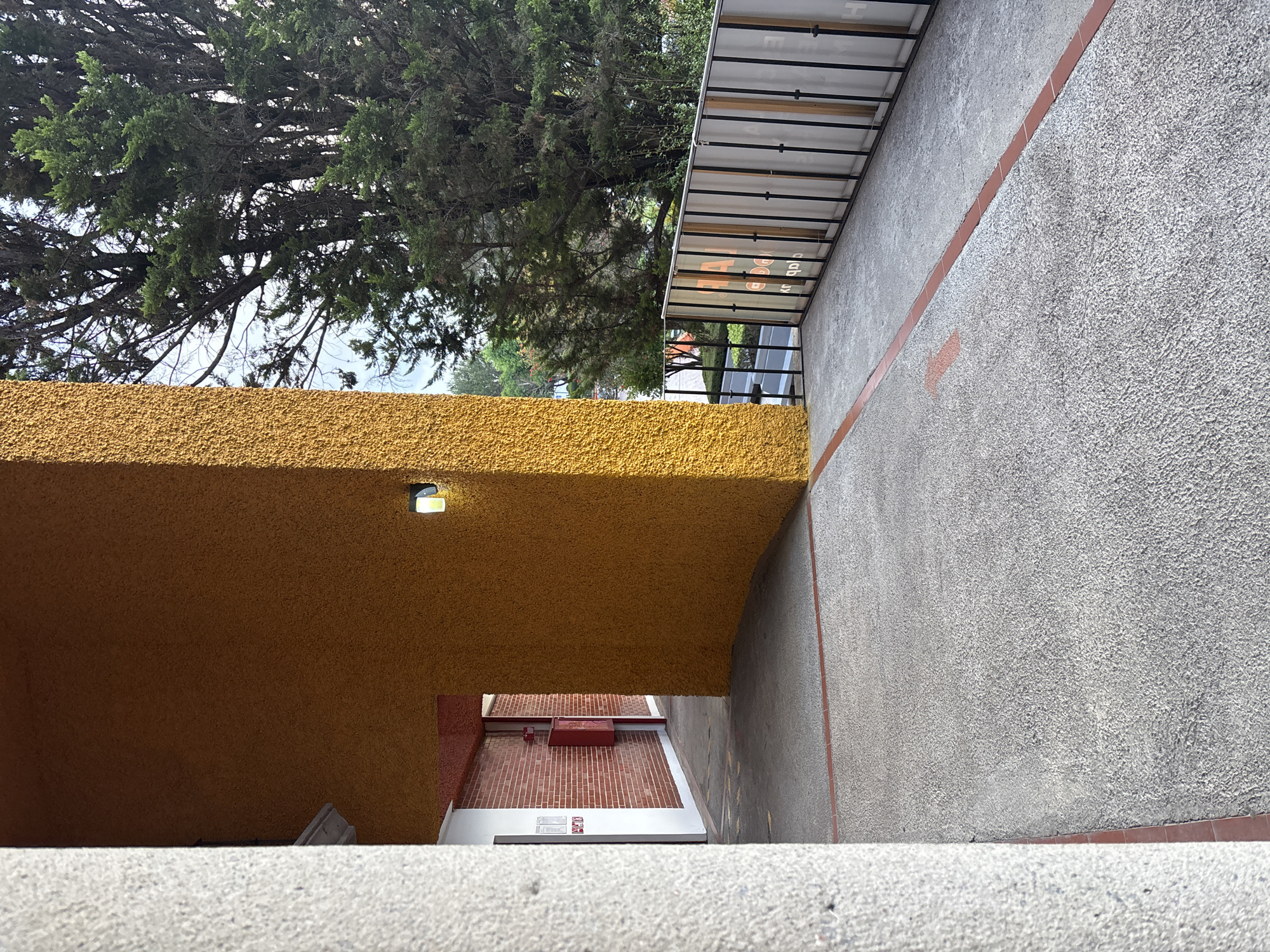 This photograph depicts an architectural scene in San Andrés Cholula, Mexico, under bright daylight.
In the immediate foreground, a light grey, textured wall or ledge spans the bottom of the frame. Above this, a distinctive architectural element is a thick, horizontal beam or wall section, richly textured and colored a vibrant mustard yellow. A small, illuminated wall-mounted light fixture is visible on its underside, casting a glow downwards.
To the right, a grey concrete wall, characterized by a rough, aggregate texture, rises vertically. A prominent red-brown horizontal stripe diagonally crosses this wall. In the upper right, an overhead structure or balcony extends, featuring a black metal railing and a translucent roof made of paneled material. Faint, inverted letters, such as "E", "C", "A", "G", "db", and "u", are visible on the underside of this translucent roof, possibly part of a sign or branding.
The upper left portion of the image is filled with the dense, dark green foliage of a large tree, likely a conifer or cypress, its branches creating a natural canopy against the bright sky.
Beyond the yellow structure, looking into a deeper space, possibly a courtyard or a lower level, a building with red brick walls and a clean white base or ledge is visible. A red, rectangular object rests on this white ledge. Two small signs are also affixed to the white surface; one includes a red icon suggestive of fire safety, and the text "No Fumar" (No Smoking) is partially legible on another.
The scene is devoid of people or explicit activity, offering a static view of the building's design and surroundings, under clear, bright daytime conditions.