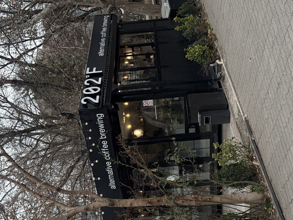 The image displays a single-story, black-colored coffee shop named "202°F alternative coffee brewing," located on a paved pathway within a park-like environment in Yerevan, Armenia. The building features large glass windows, revealing an illuminated interior with a curved display case and a indistinct human figure behind a counter. A "No Smoking" sign is affixed to an interior window pane. The shop's name, "202°F," is prominently displayed in white lettering on the front facade, with "alternative coffee brewing" written in smaller white text above and below it. String globe lights are strung along the roofline, where a dark, animal-shaped decorative figure, possibly a cat, rests. The surroundings include numerous bare deciduous trees, suggesting a non-foliage season. Small green shrubs and bushes are planted around the base of the shop. The ground is covered with grey rectangular pavers, forming a pathway with scattered dry leaves. A black metal waste bin with an ashtray top is positioned outside the front right corner of the building, alongside a larger, dark rectangular object. A light-colored drainage pipe extends from the lower exterior wall onto the pavement. The sky is overcast, providing diffuse lighting. No active interactions or additional individuals are visible.