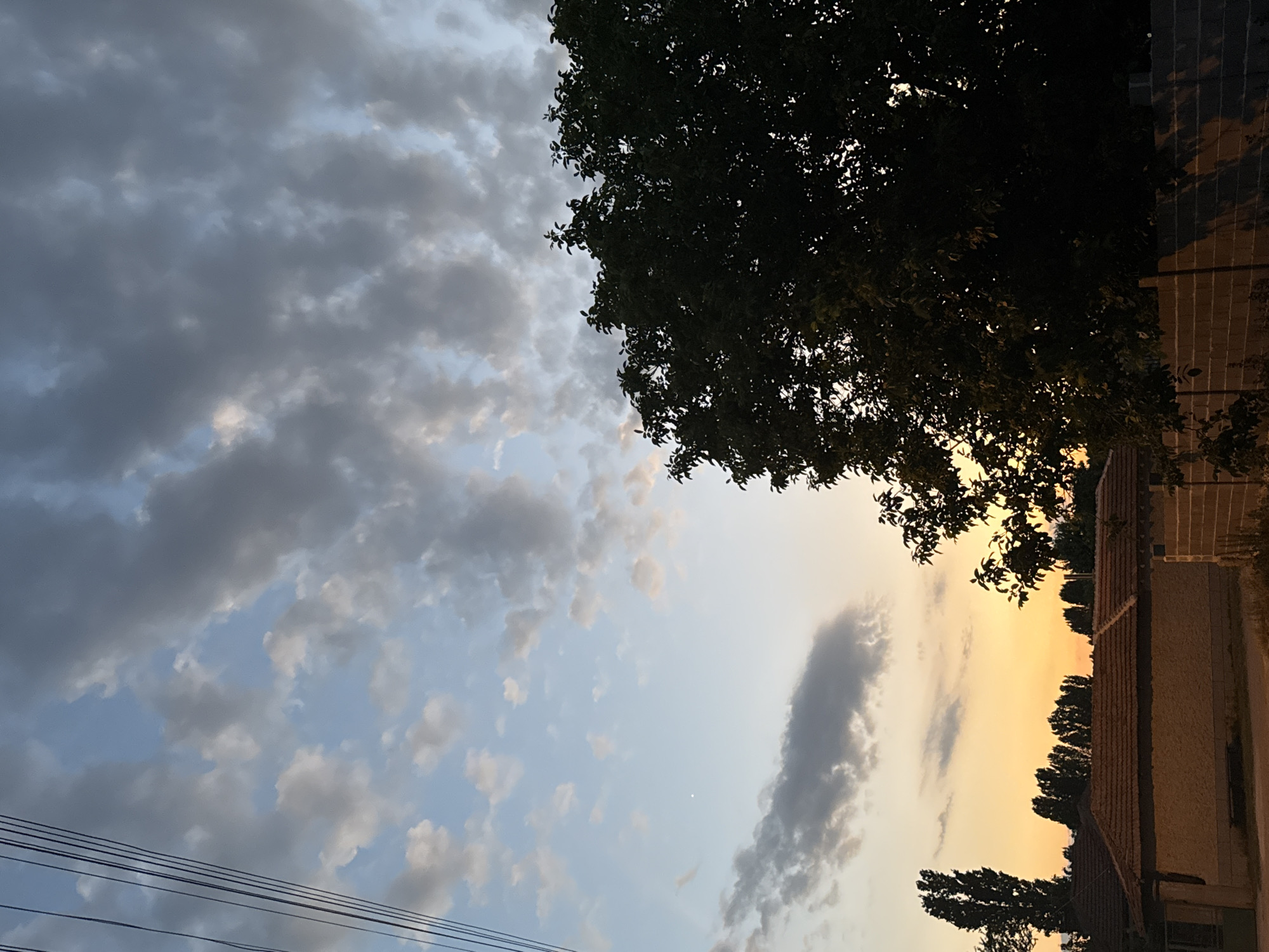 This image captures a dusky sky over a residential area in Topolchane, Bulgaria. The sky is a canvas of dramatic clouds, with dark gray formations mingling with lighter, more wispy white clouds against a pale blue backdrop. Towards the right side of the frame, the sky transitions into a warm gradient of yellow and orange, indicating the sun is either setting or has recently set.
Dominating the top right and extending into the center is the dark silhouette of a large tree, its leaves dense and largely obscuring the sky behind it. The tree's branches are visible against the lighter parts of the sky.
Below the tree and stretching across the lower right portion of the image is the roofline of a building. The roof appears to be made of terracotta tiles, and the facade of the building is visible, textured and light in color. Further to the right, a more modern-looking structure with vertical elements, possibly a fence or a wall, is discernible. A line of trees forms a dark band along the horizon, silhouetted against the colorful sky. In the lower left, a series of dark power lines stretch across the frame, suggesting the presence of infrastructure in the vicinity.
The overall impression is one of a peaceful, late afternoon or early evening. The clouds suggest a dynamic weather condition, while the warm hues of the sky evoke a sense of calm and the end of a day. No people or specific activities are visible, and there is no discernible text in the image. The combination of natural elements like the sky and tree with the man-made structures points to a suburban or semi-rural setting.