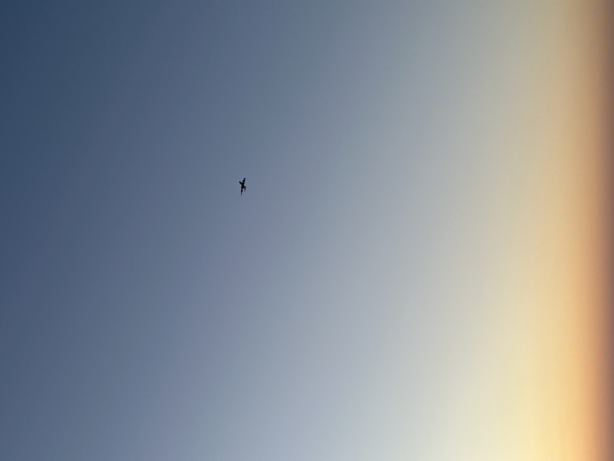 The image captures a clear, gradient sky with a single, silhouetted object in flight. The sky transitions from a deep blue on the left to a warm, soft yellow and orange on the right, indicative of either sunrise or sunset. The object, appearing as a dark silhouette against the brighter sky, is positioned slightly to the left of the center. Its shape suggests a small aircraft, possibly a drone or a distant airplane, with a central body and extended parts. The weather is clear with no clouds visible. There are no other subjects, specific scenes, or visible text. The overall impression is one of vastness and a tranquil atmosphere over Tel-Aviv, Israel.