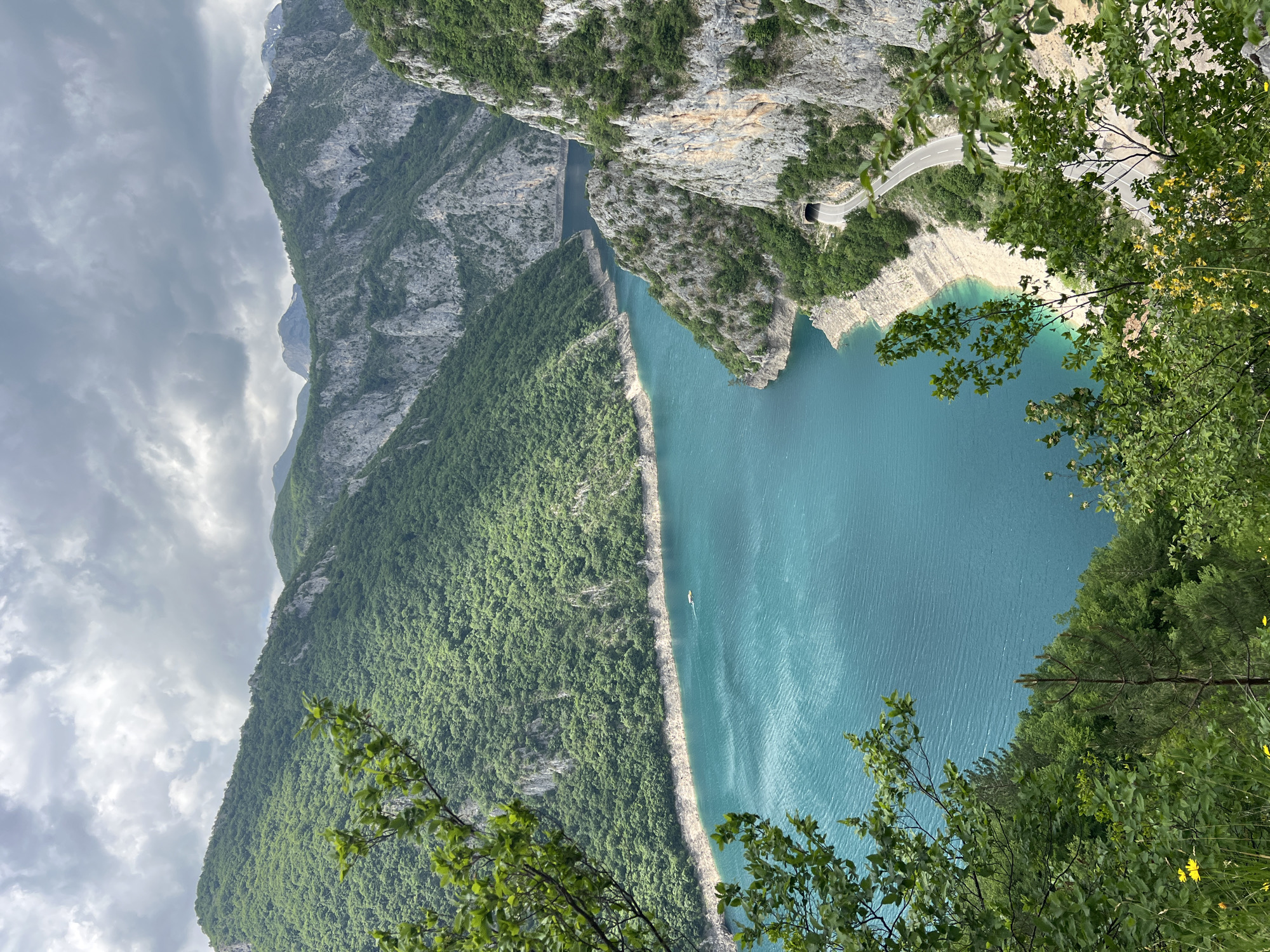 A high-angle, wide-shot photograph captures a mountainous landscape, presumably in or near Plužine, Montenegro. The scene is dominated by a deep, turquoise-colored lake or reservoir, flanked by steep, verdant mountain slopes. The slopes are heavily forested, with exposed rock faces visible in places. A winding road with a tunnel can be seen along the edge of the lake. In the distance, more mountains stretch under a partly cloudy sky. Some branches and leaves from the foreground give a sense of perspective. A small white boat can be spotted on the body of water.