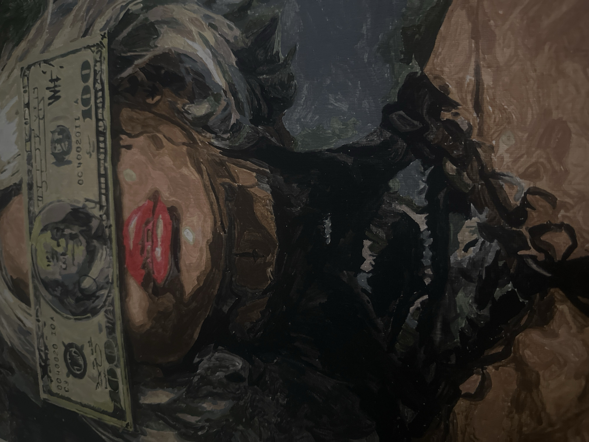 This media file is a painting or a heavily stylized image, likely a close-up portrait, depicting a person, presumably female. The central subject is the person's face, partially obscured by a U.S. one hundred dollar bill placed horizontally over the eyes, acting as a blindfold.
Below the banknote, prominent red lips are visible, contributing a stark color contrast to the otherwise muted and dark palette of the painting. The skin tone appears to be a warm, medium brown. Surrounding the visible parts of the face is a mass of dark, possibly styled hair or dark clothing, rendered with visible brushstrokes.
The background is indistinct and dark, featuring shades of deep green, blue, and brown, suggesting a somewhat abstract or moody setting without specific location cues. The style of the painting is expressive, characterized by broad, visible brushstrokes and a slightly coarse texture, typical of oil or acrylic paint on canvas.
Visible text on the hundred-dollar bill includes "WH+", "100", the serial number "OC4002011" on the top right, and "0040020 10A" on the bottom left. A stylized depiction of Benjamin Franklin's face is also visible on the bill. The overall composition focuses on the interplay between the human face and the symbol of money. No specific activity or event is depicted beyond the pose. Emotions are hard to ascertain due to the obscured eyes and the artistic style, though the red lips may imply intensity or allure.