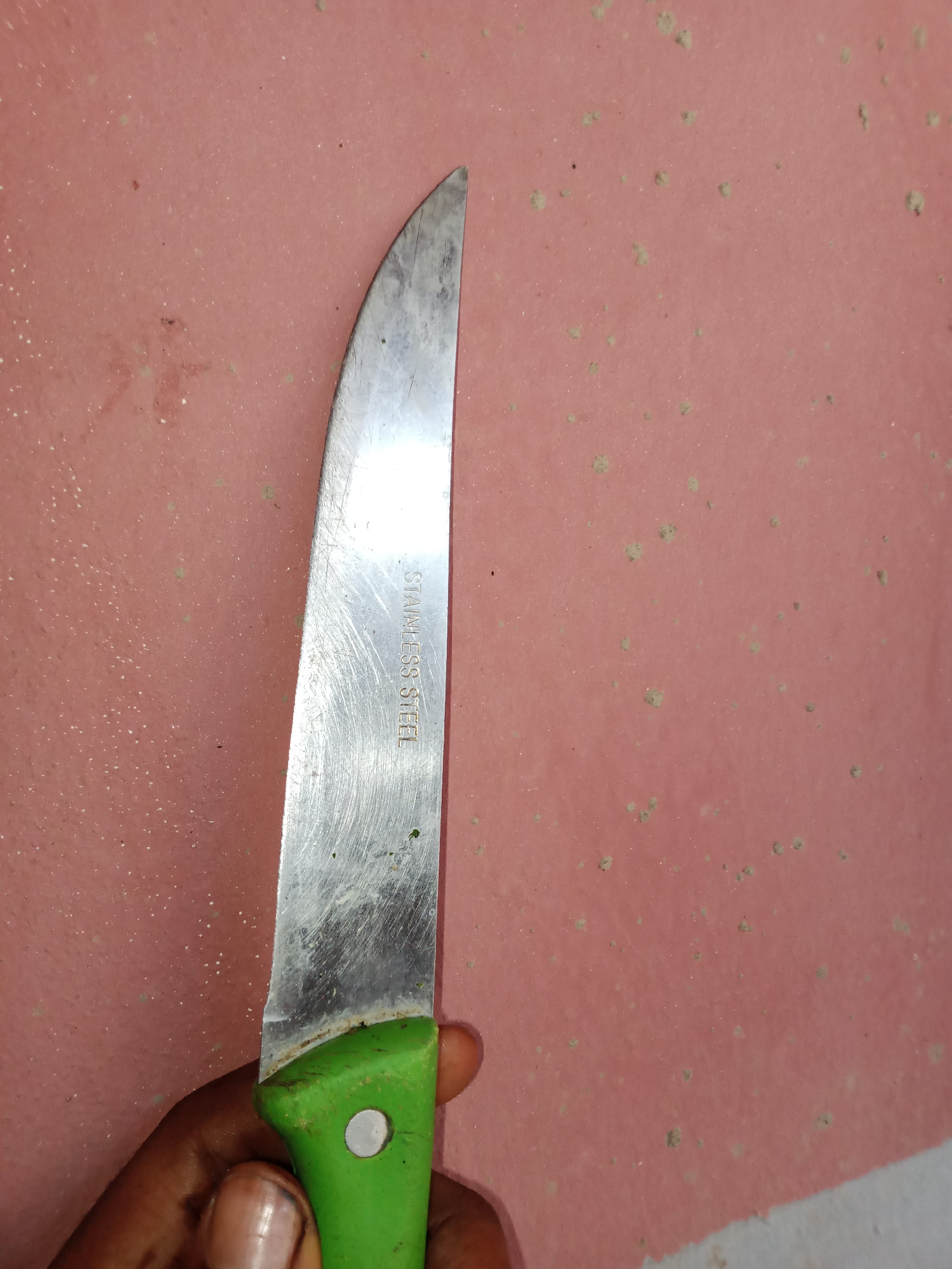 A close-up, eye-level shot shows a stainless steel knife with a green plastic handle, held by a person's left hand. The knife blade is angled upwards and to the right, with the text "STAINLESS STEEL" etched vertically on the blade. The background is a pink, textured surface with scattered small, light-colored specks. The scene is undated and unlocated within Jauro Yinu, Nigeria, and depicts no discernible interaction or action beyond the holding of the knife.