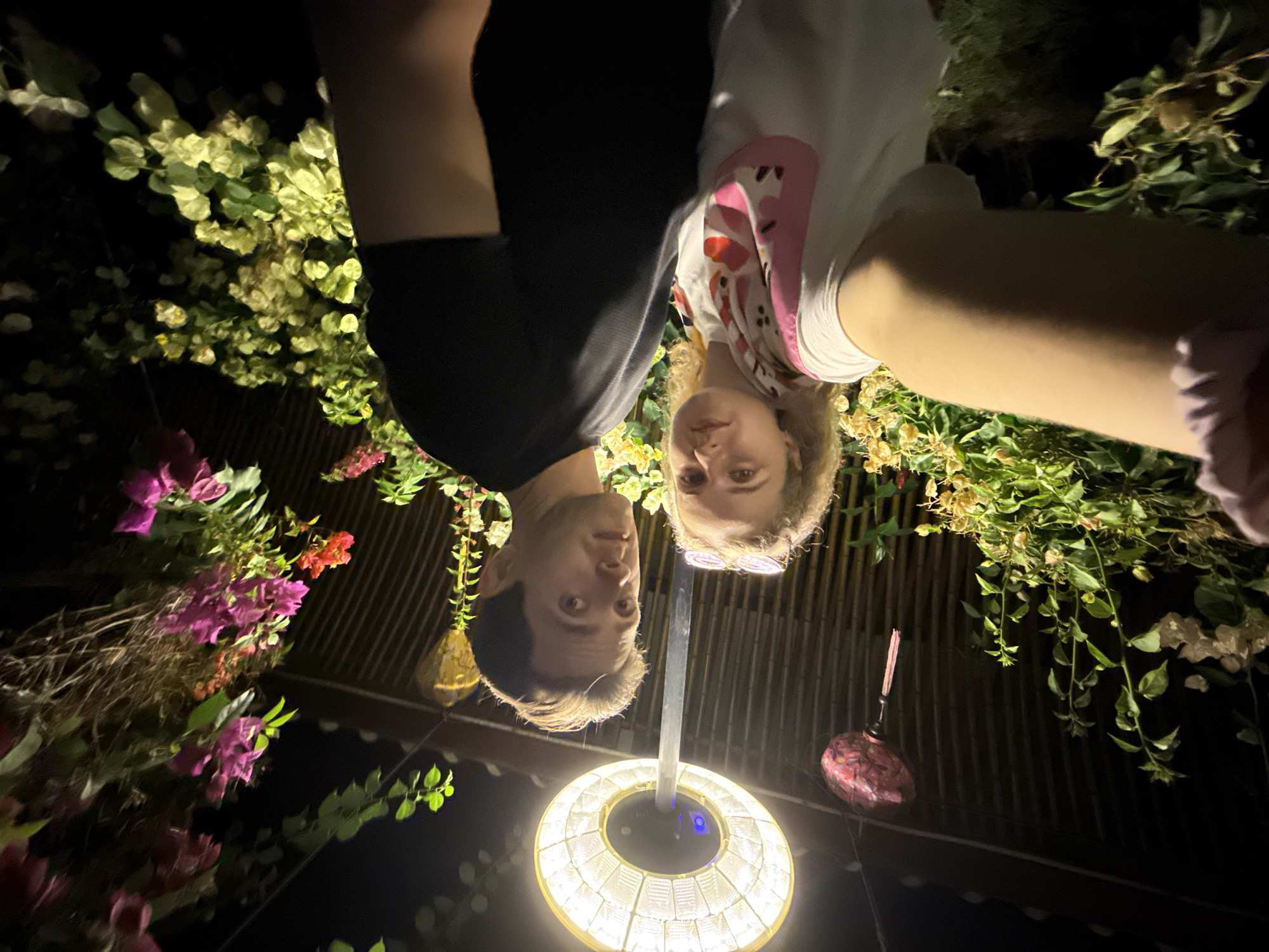 This photograph captures two individuals, a man and a woman, looking directly down into the camera, which is positioned on a surface beneath them. The image is taken from a low angle, making it appear as if the subjects are looking downwards, and the entire scene is oriented upside down.
The man, on the left, has short dark hair and is wearing a dark t-shirt. The woman, on the right, has wavy blonde hair and is wearing a white t-shirt with a pink and white pattern. She has eyeglasses resting on top of her head. Both have neutral to slightly curious expressions, illuminated by a warm glow.
Central to the foreground, directly below their faces, is a circular, brightly lit fixture with a metallic, possibly woven or perforated, design. This fixture casts a significant upward light, illuminating the subjects' faces and the surrounding foliage.
The setting appears to be an outdoor or semi-outdoor space at night, as indicated by the darkness and the reliance on artificial light. Lush green and flowering plants, including vibrant purple and red bougainvillea-like blooms, frame the subjects, creating a natural, verdant backdrop. Some plants have lighter green or variegated leaves. The background behind the plants is dark, possibly a slatted structure like a pergola or roof, with hints of other decorative elements or hanging objects.
The overall atmosphere is casual and relaxed, likely an evening moment. Given the context, this scene is set in Phú Quốc, Vietnam. There is no visible text in the image.