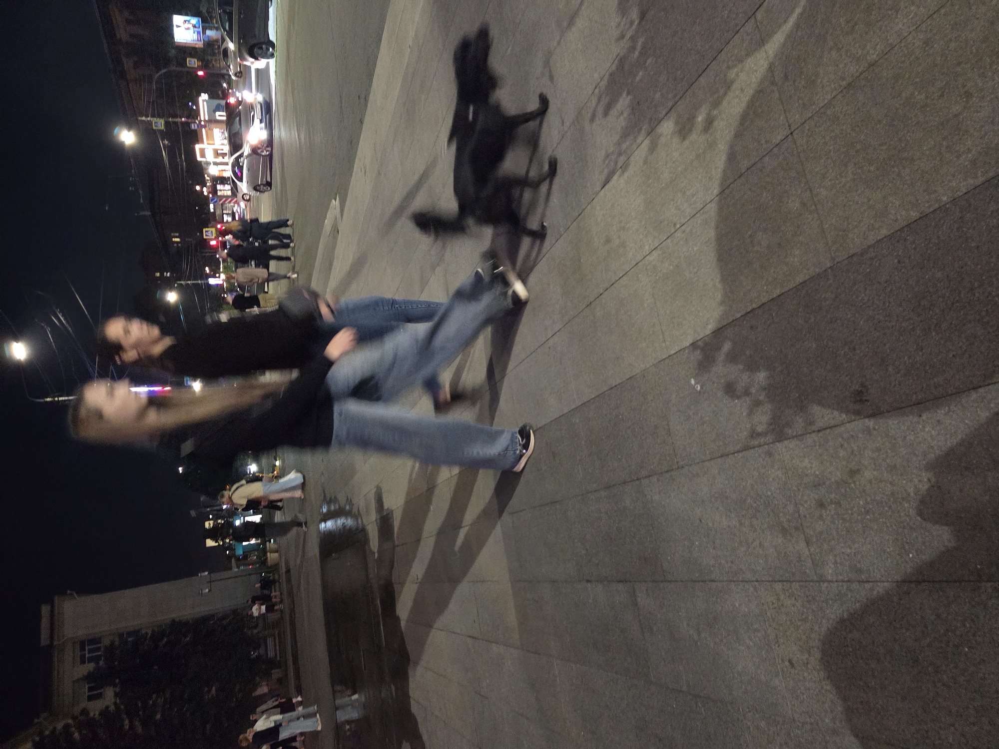 At night on a paved pedestrian walkway in Chelyabinsk, Russia, a black dog is captured in motion, blurred by the movement. Two young women, also blurred, walk in the same direction as the dog. The woman on the left wears a dark top and loose blue jeans, while the woman on the right wears a dark top and similar blue jeans. To the left of the walkway, wet pavement reflects streetlights, indicating recent rain. In the background, the blurred shapes of buildings and streetlights are visible, with cars moving on a street to the right.